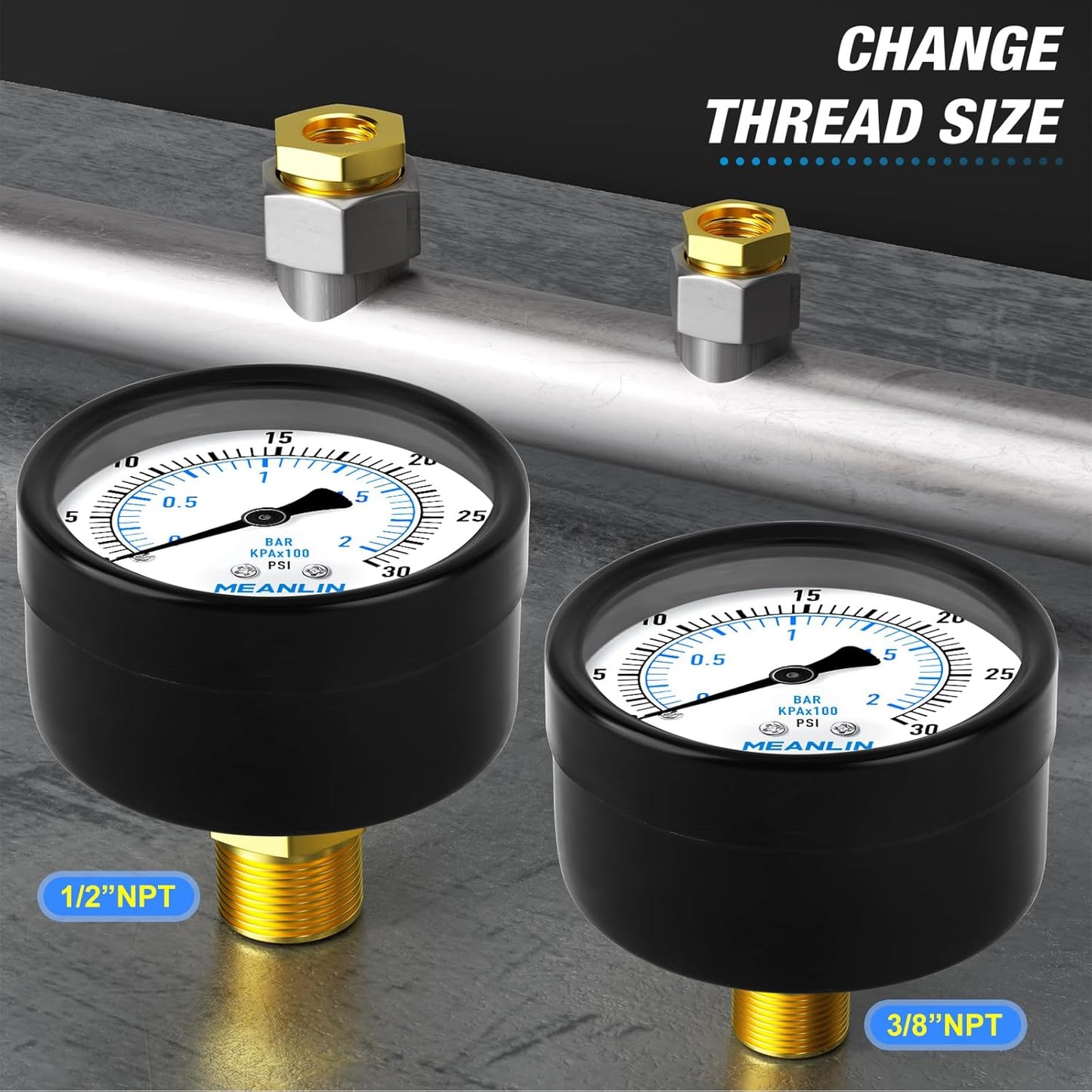 MEANLIN MEASURE 0-30Psi 2" DIAL FACE 1/4" NPT Well Pump Pressure Gauge, with 1/2" NPT and 3/8" NPT Hex Bushing, 3-2-3% Accuracy, Center Back Mount