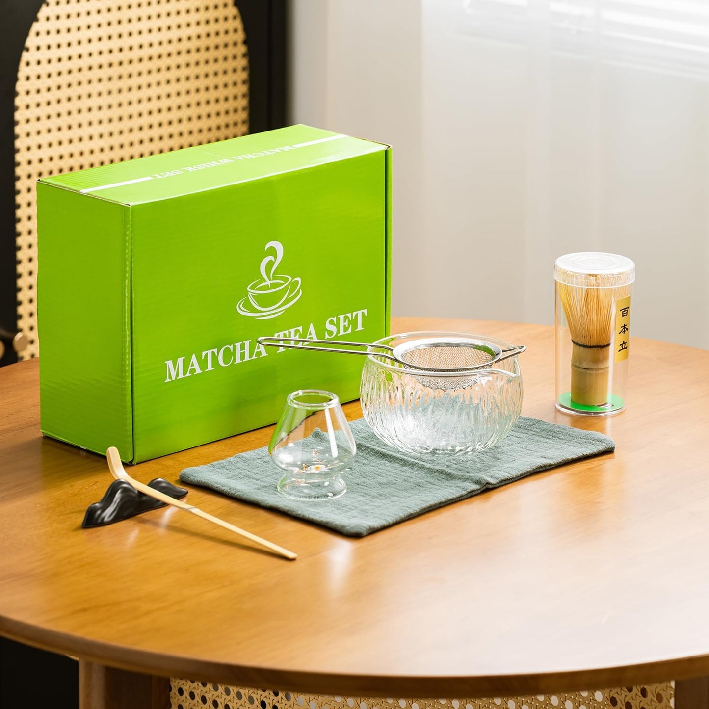 Japanese Tea Set (7pcs) Matcha Whisk Set Matcha Bowl with Pouring Spout Bamboo Matcha Whisk (chasen) Scoop (chashaku) Matcha Whisk Holder Tea Making Kit. WHITE GLASS