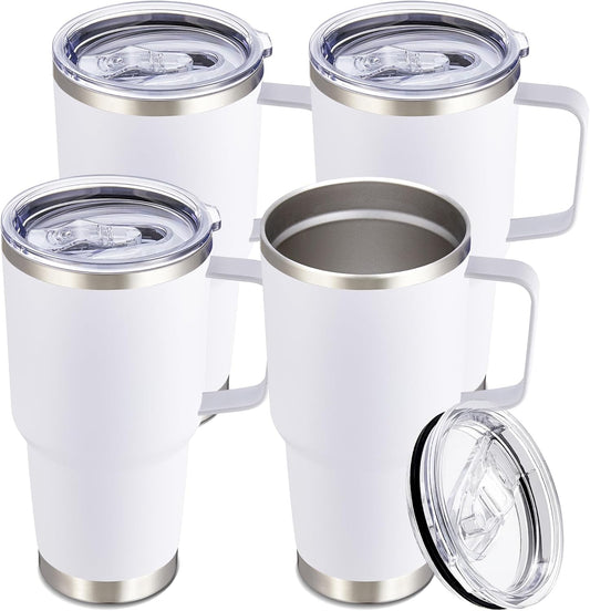 30 oz Tumbler with Handle and Lid, Stainless Steel Tumblers Bulk Double Wall Vacuum Insulated Travel Mug Leak Proof Cup Keep Drinks Cold and Hot White, 4 Pack