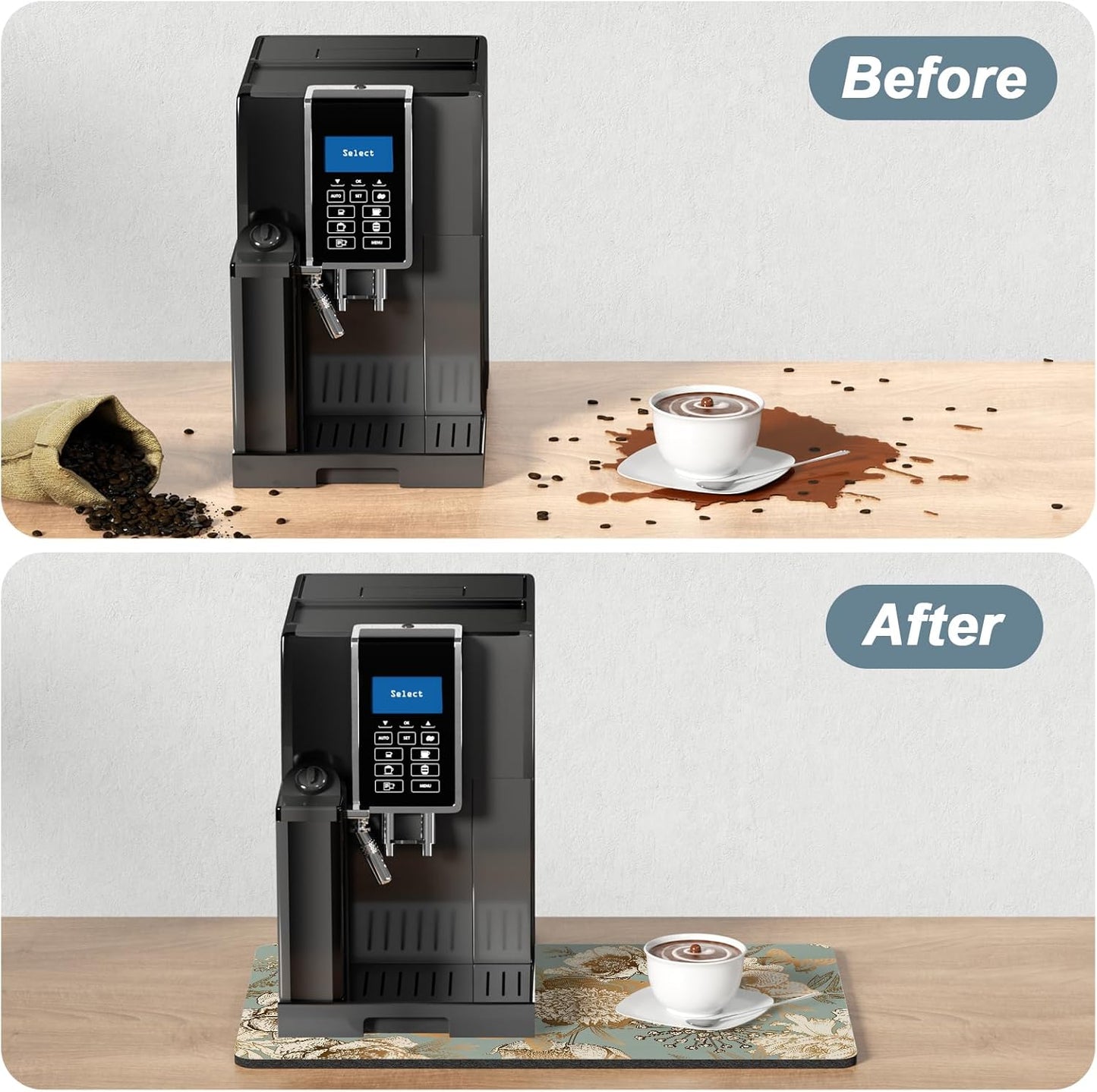 Rnivvi Coffee Mat, 12" x 19" Cute Coffee Bar Mats for Espresso Machine Station Accessories and Organizer, Hide Stain Rubber Backed Absorbent Dish Drying Pad for Kitchen Counter, Retro Flower