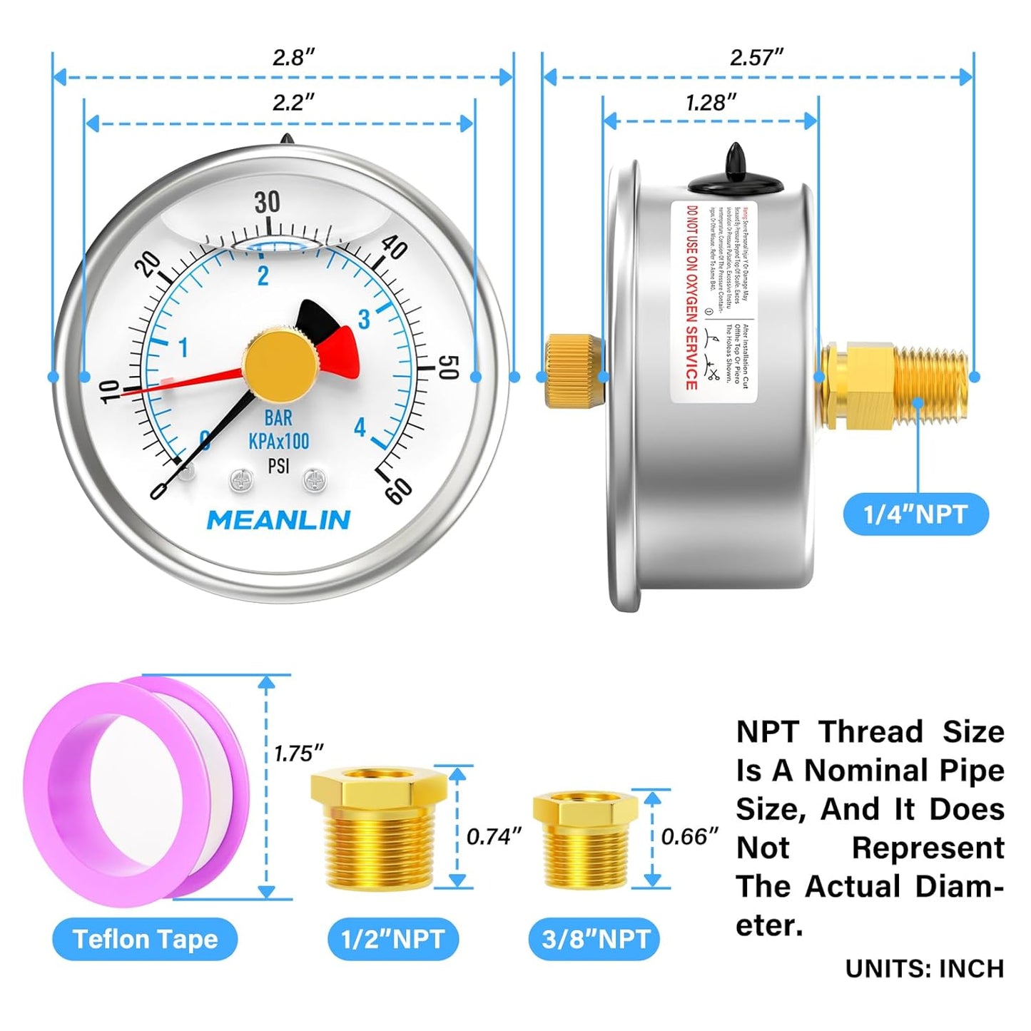 MEANLIN MEASURE 0~60Psi Stainless Steel 1/4" NPT 2.5" FACE DIAL with Reset Pointer Liquid Filled Pressure Gauge WOG Water Oil Air, Back Mount, with Brass Hex Bushing