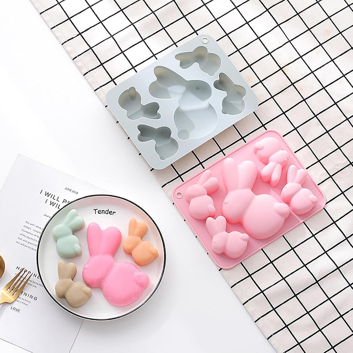 2 Pack Bunny Silicone Molds, 5-Cavity Easter Bunny Chocolate Tray Molds, Bunny Baking Molds for Jellies, Candies, Ice Cubes, Wax Melts, Soaps, Cake Decoration