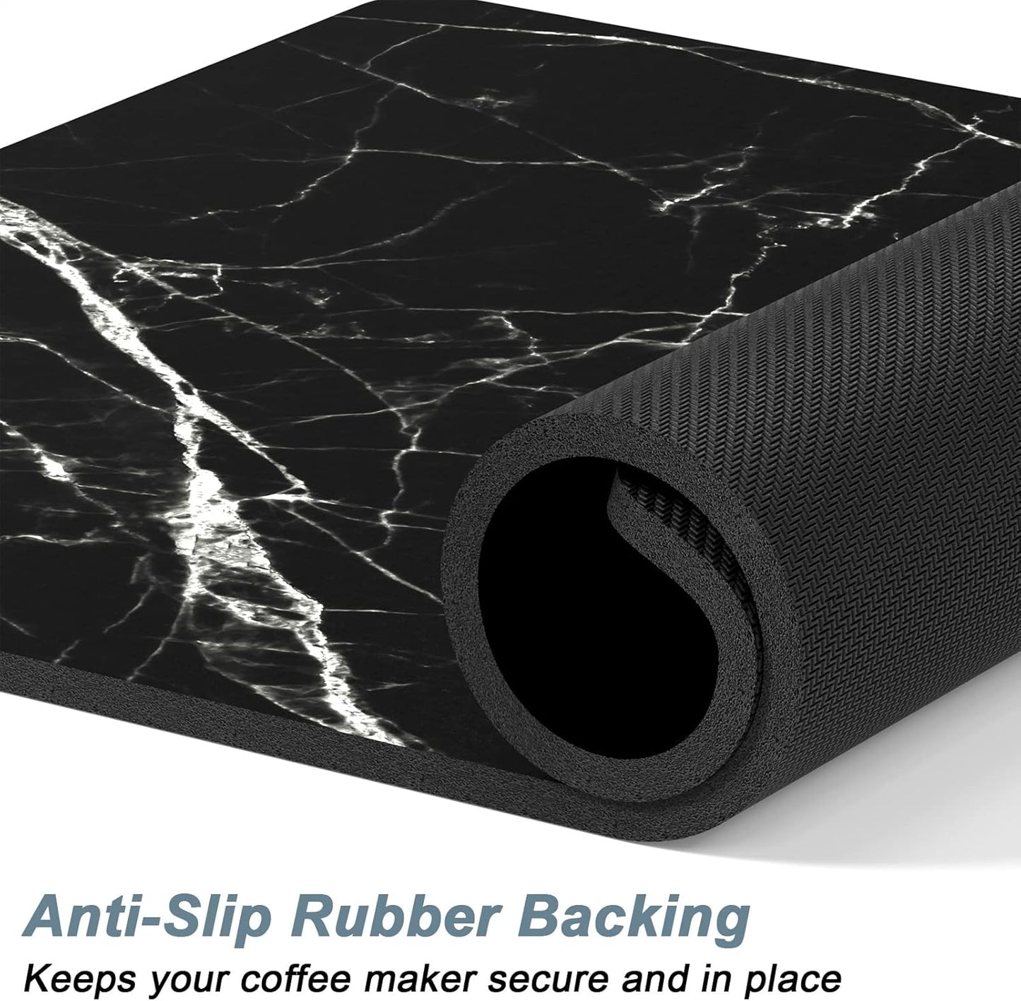 Rnivvi Coffee Mat, 12" x 19" Cute Marble Style Coffee Bar Mats for Espresso Machine Station Accessories and Organizer, Hide Stain Rubber Backed Absorbent Dish Drying Pad for Kitchen Counter, Black