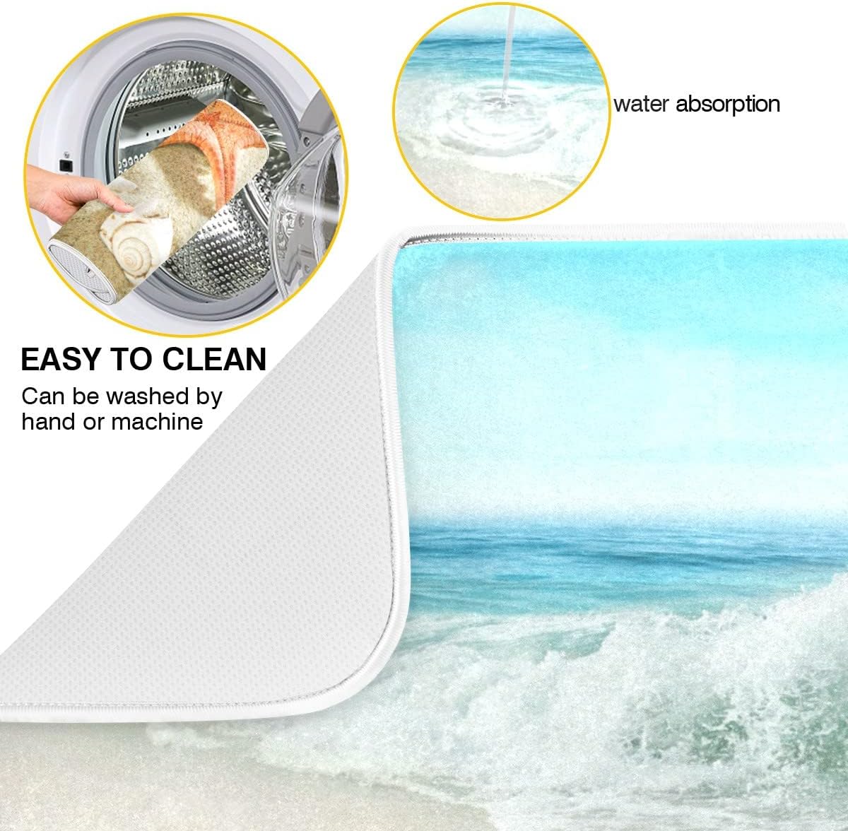 Sweetshow Summer Beach Dish Drying Mat 16 x 18 Inch Sea Wave Shells Starfish Drying Mat with High Absorbent Reversible Microfiber Kitchen Mat Dish Rack Pad Dish Drainer Mat Kitchen Counter Coffee Bar