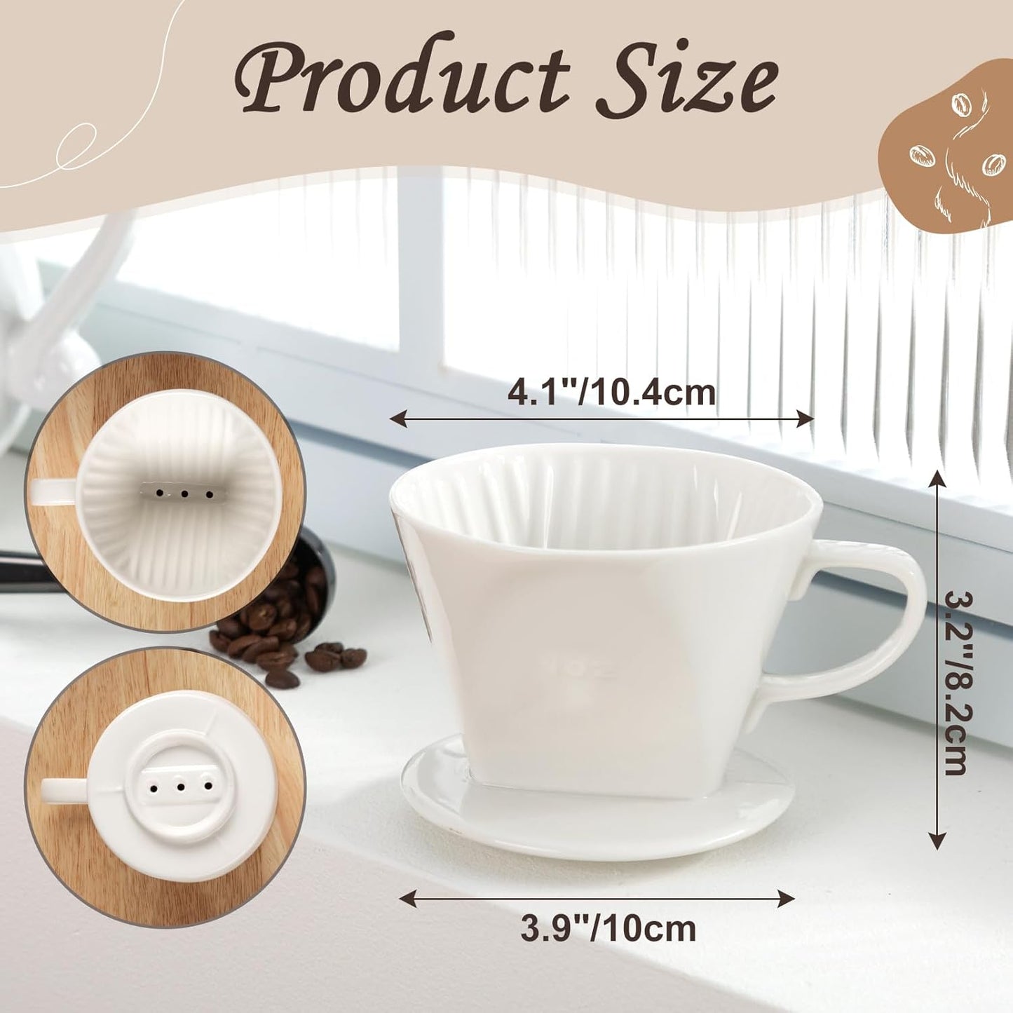 Pour Over Coffee Dripper, Ceramic Pour Over Coffee Maker with 3 Holes Flat Bottom, Easy Manual Slow Brewing, Porcelain Slow Filter Cone for Home, Office, Gift, Size 2,White