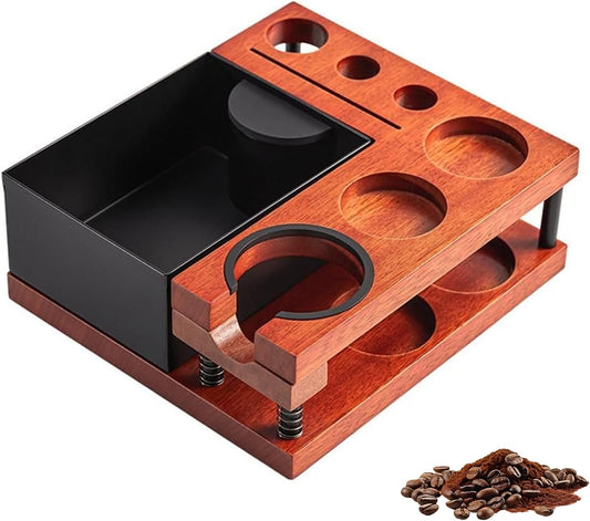 Espresso Tamping Station, Wood Knock Box with Self Leveling Spring Magnetic 51 to 58mm Portafilter Fit Tool Dock for Home Baristas, Coffee Shops