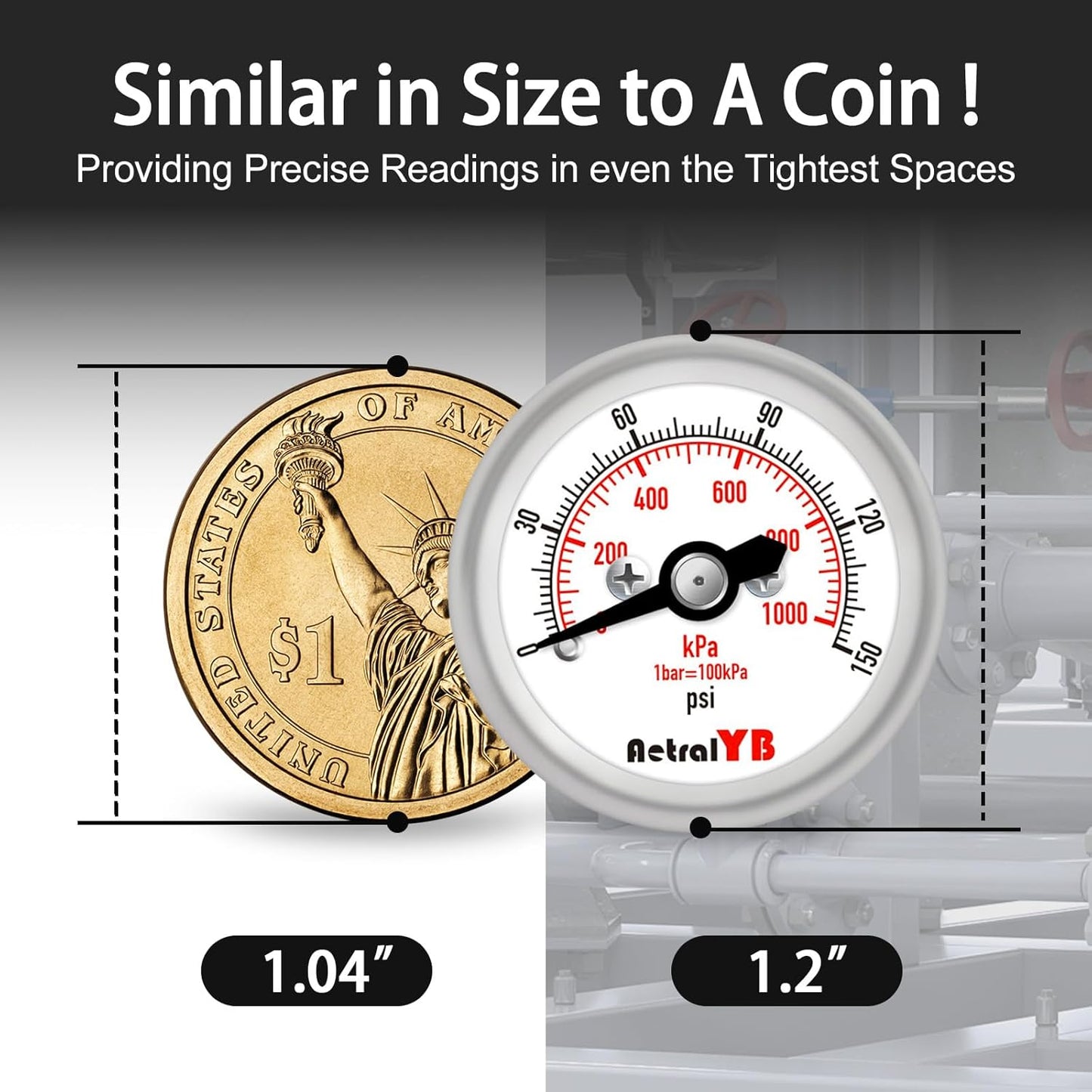 150Psi/1000Kpa Mini Pressure Gauge,Stainless Steel Housing,Brass Internal,1.2 Inch Dial,NPT 1/8" Back Mount,Dry Type, Lead-Free Material,for Air,Water,Oil Pressure Test