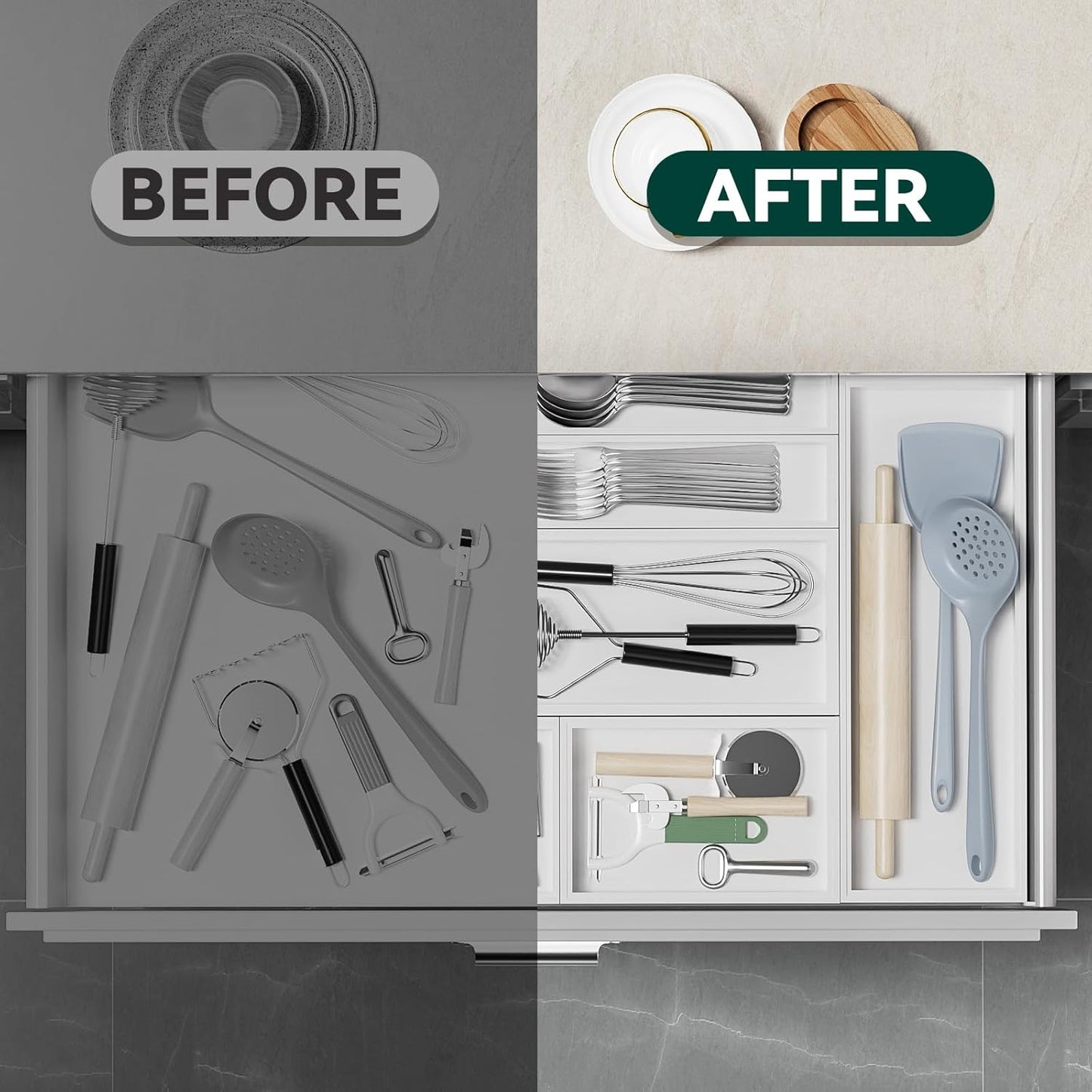 Bamboo Drawer Organizer, Cutlery Silverware Organizer for Kitchen Drawer, Stackable Utensil Organizer, 2 Pcs Flatware Organizer, Wooden Storage Box Tray (White, 9 X 6 X 2 Inch)