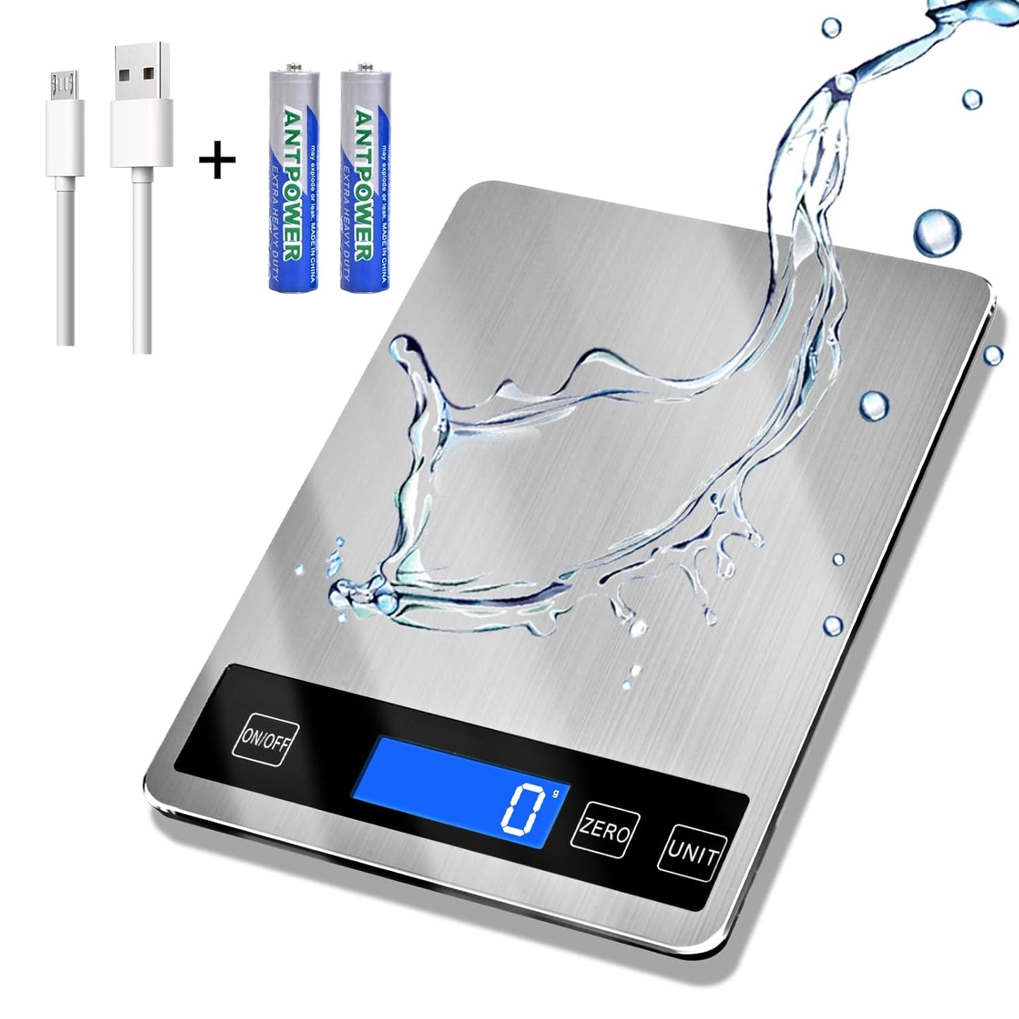 33lb Food Scale, Digital Kitchen Scale Batteries and USB Charging,1g/0.05oz Precise Graduation, Waterproof Stainless Steel with LCD Display Weight Grams and oz for Cooking Baking (Stainless Steel)