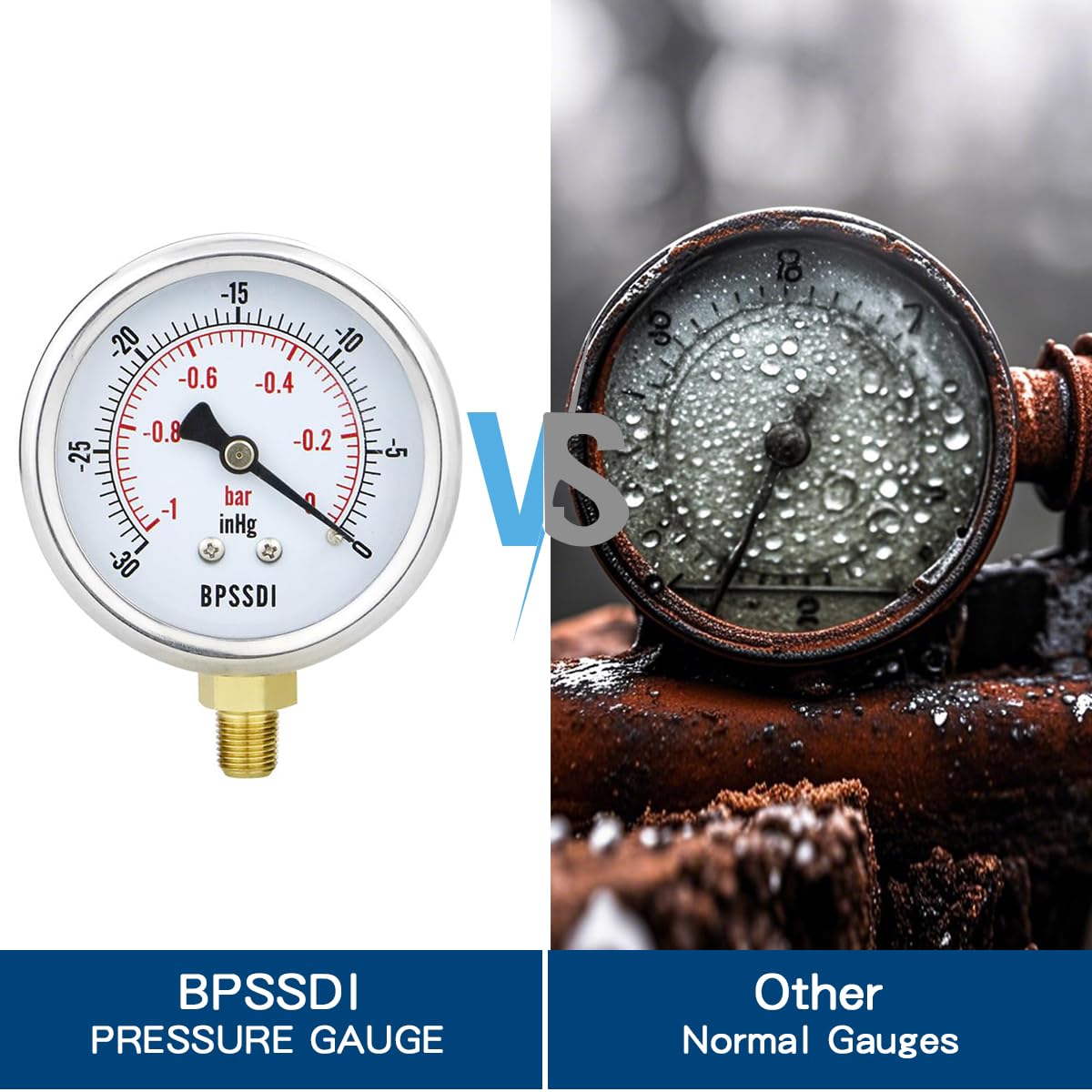 30inHg Vacuum Pressure Gauge, Water Pressure Gauge, 2.5" Dial Size, 1/8" NPT Lower Mount, 304 Stainless Steel Case, for Pneumatic Air Compressor RV Regulator Valve Test(with Tape)