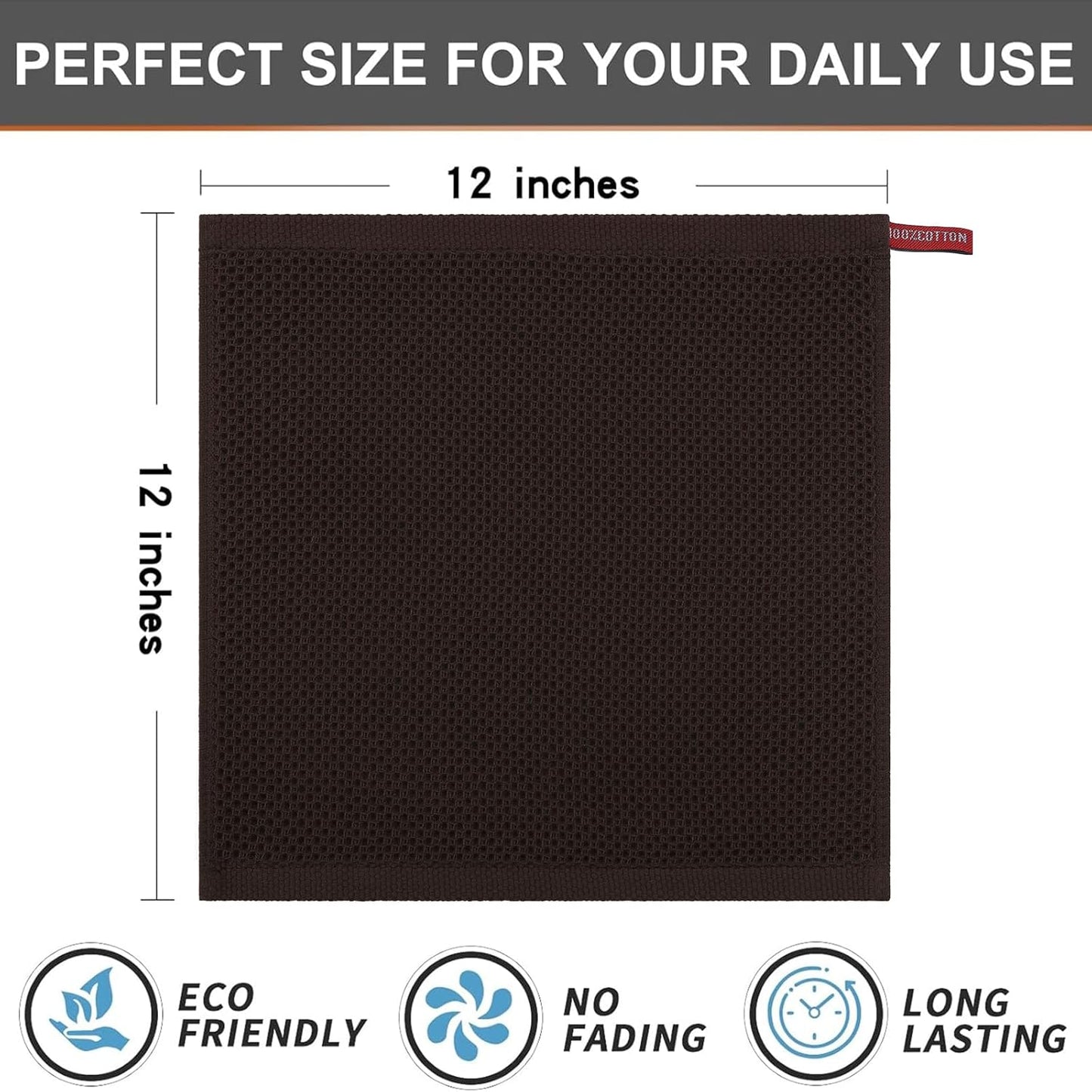 Kitinjoy 100% Cotton Kitchen Dish Cloths, 8 Pack Waffle Weave Ultra Soft Absorbent Dish Towels for Drying Dishes Quick Drying Kitchen Towels Dish Rags, 12 X 12 Inches, Dark Brown