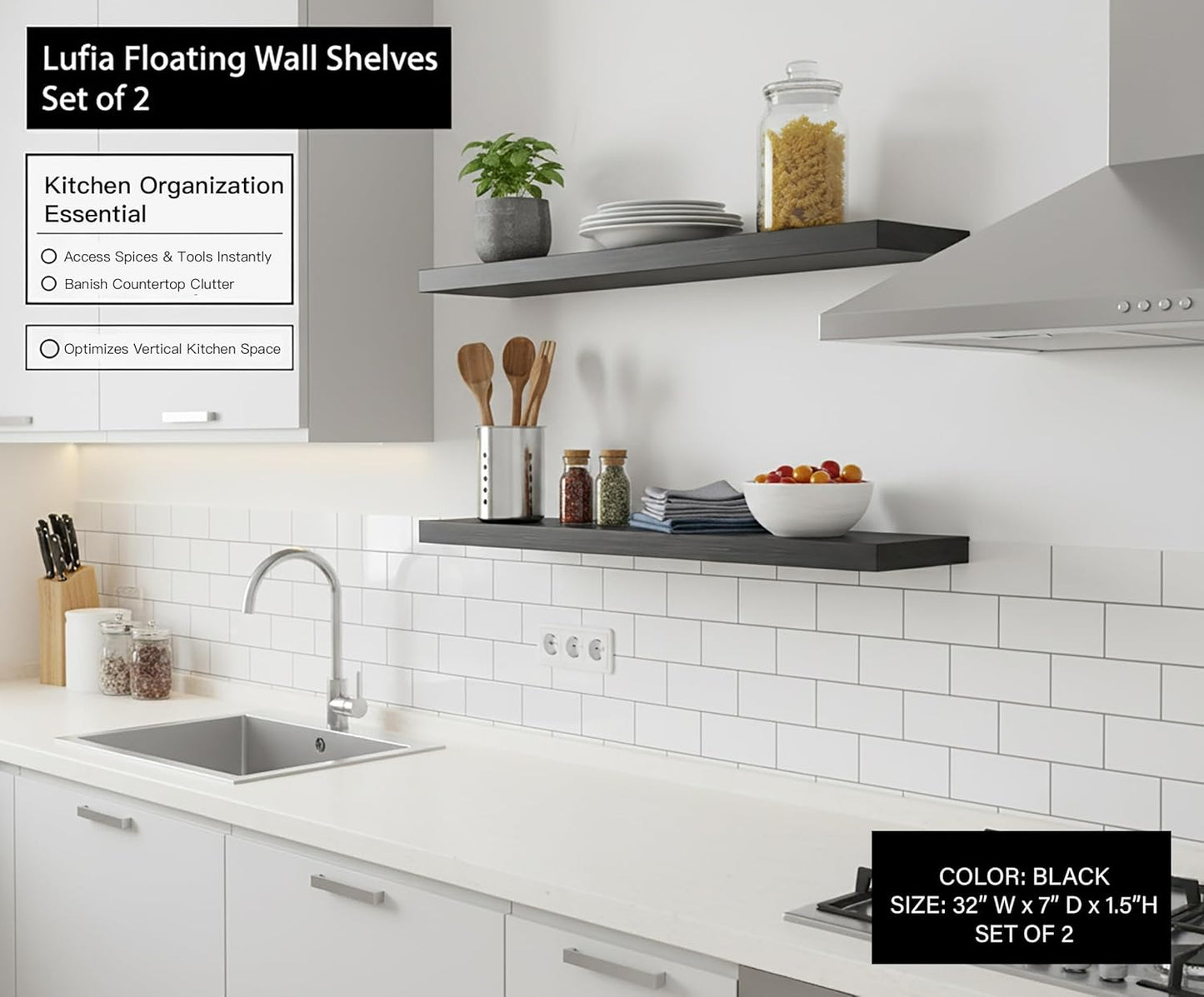 Lufia Floating Wall Shelves, Set of 2, MDF with Invisible Brackets, Modern Storage for Bedroom, Bathroom, Living Room, Kitchen (Black, 32" W x 7" D x 1.5" H)