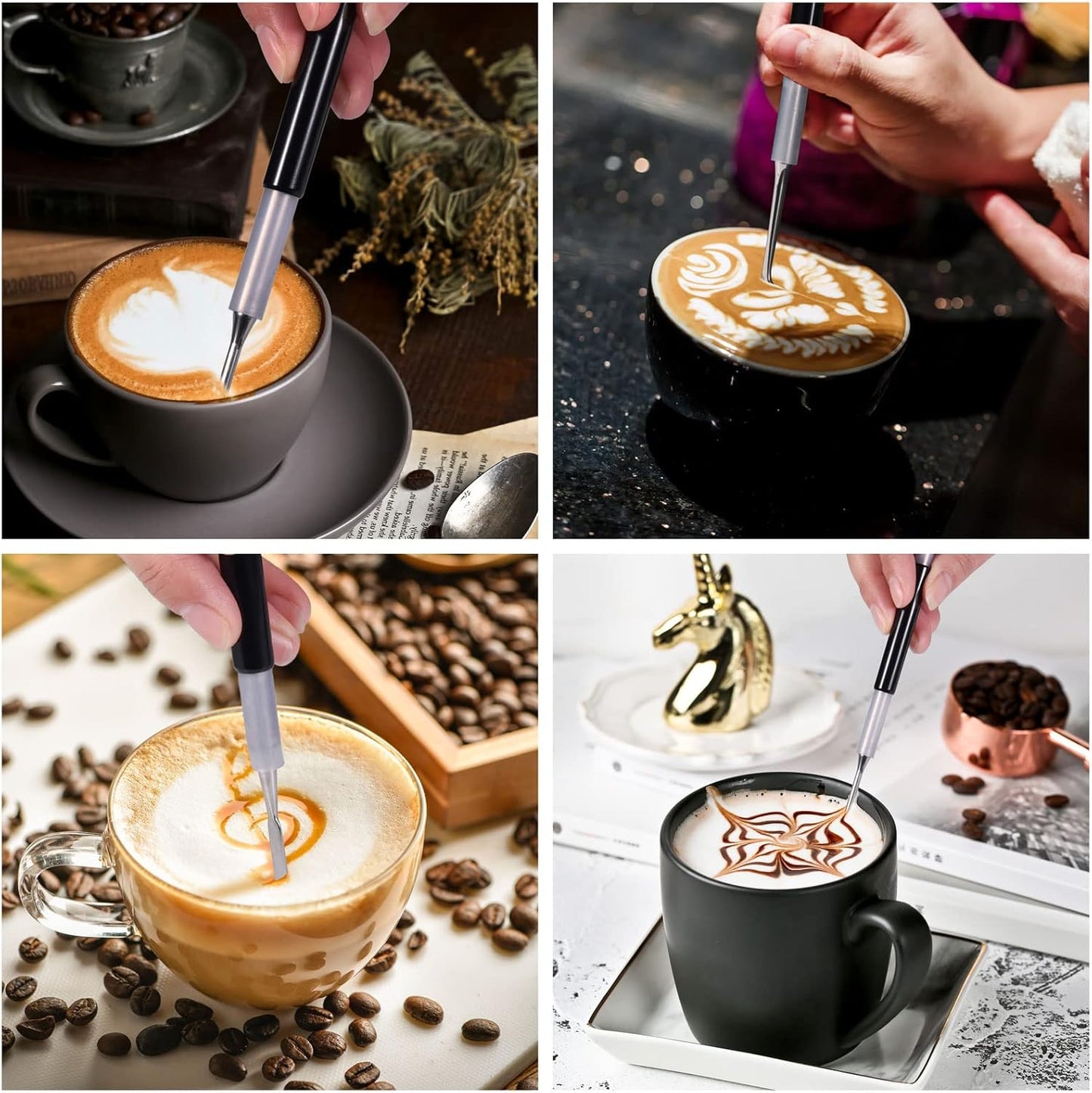 Latte Art Set (3 Tools) for Latte Art, Cappuccino and Espresso, SANTOW Espresso Latte Art Tools, Spoon & Lance, Spatula & Spike and Knob & Hook Decorating Pen Set 3 Pieces