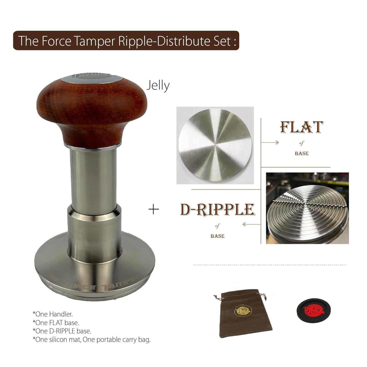 The Force Tamper Automatic Impact Adjustable Constant Pressure and Autoleveling Coffee Tamper Reddish Brown Jellyfish Wooden Handle Set Pro (Ripple-Distribute Set, 58.50mm)