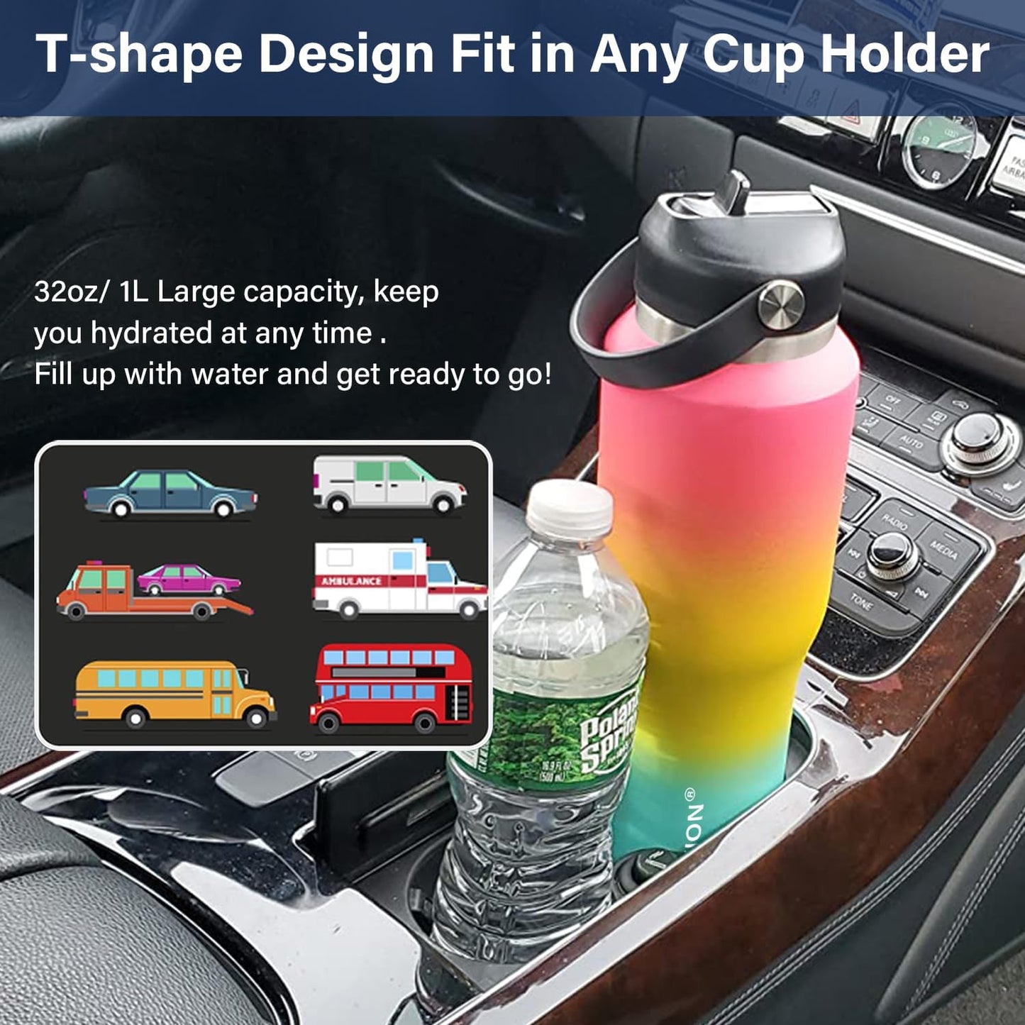 HYDROWION Vacuum Insulated Water Bottle, 40 oz Water Bottle fits in Car Cup Holder (Cold 48 hrs, Hot 24 hrs),Insulated Drinking Bottle with Straw Lid, Spout Lid and Flex Cap, Leakproof Travel Thermos