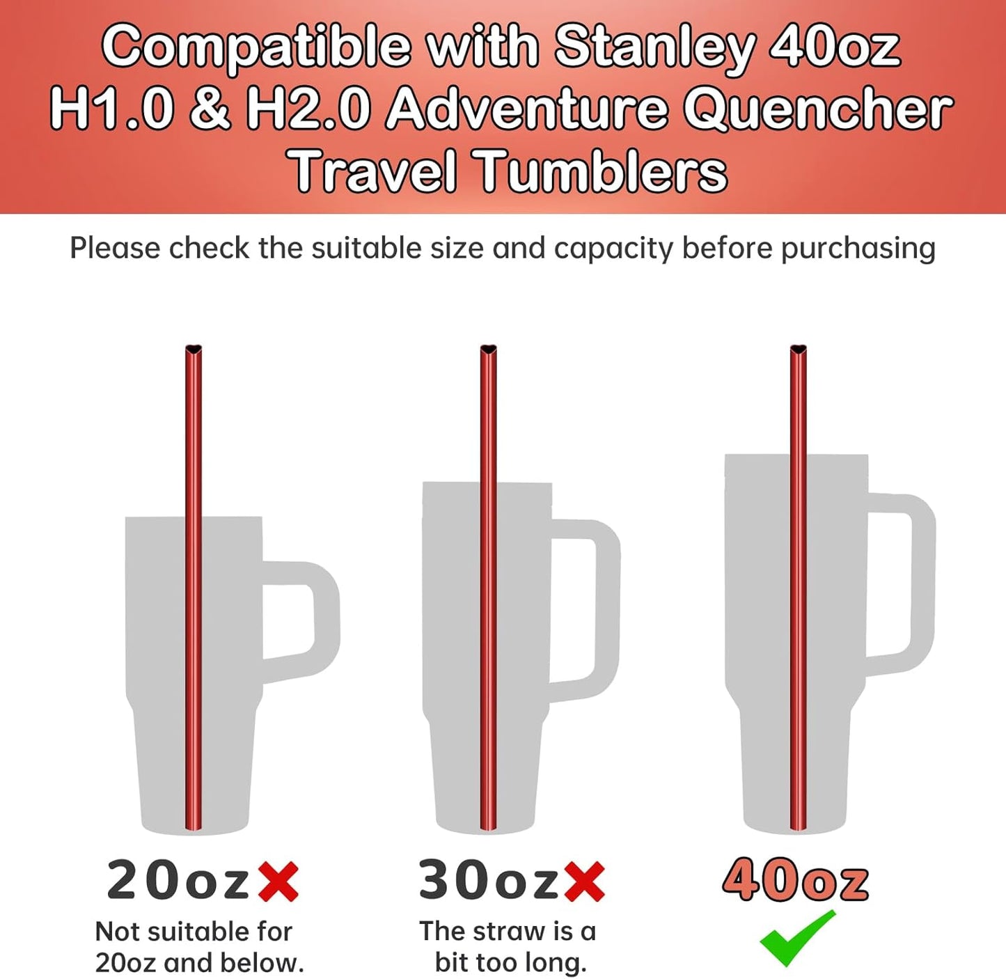 NiHome 10-Pack Heart-Shaped Stainless Steel Drinking Straws with 2 Cleaning Brushes, 12" Long Reusable Straws for Stanley Tumbler 30oz 40oz, Dishwasher Safe, Safe Edges for Kids (Pearl Red)