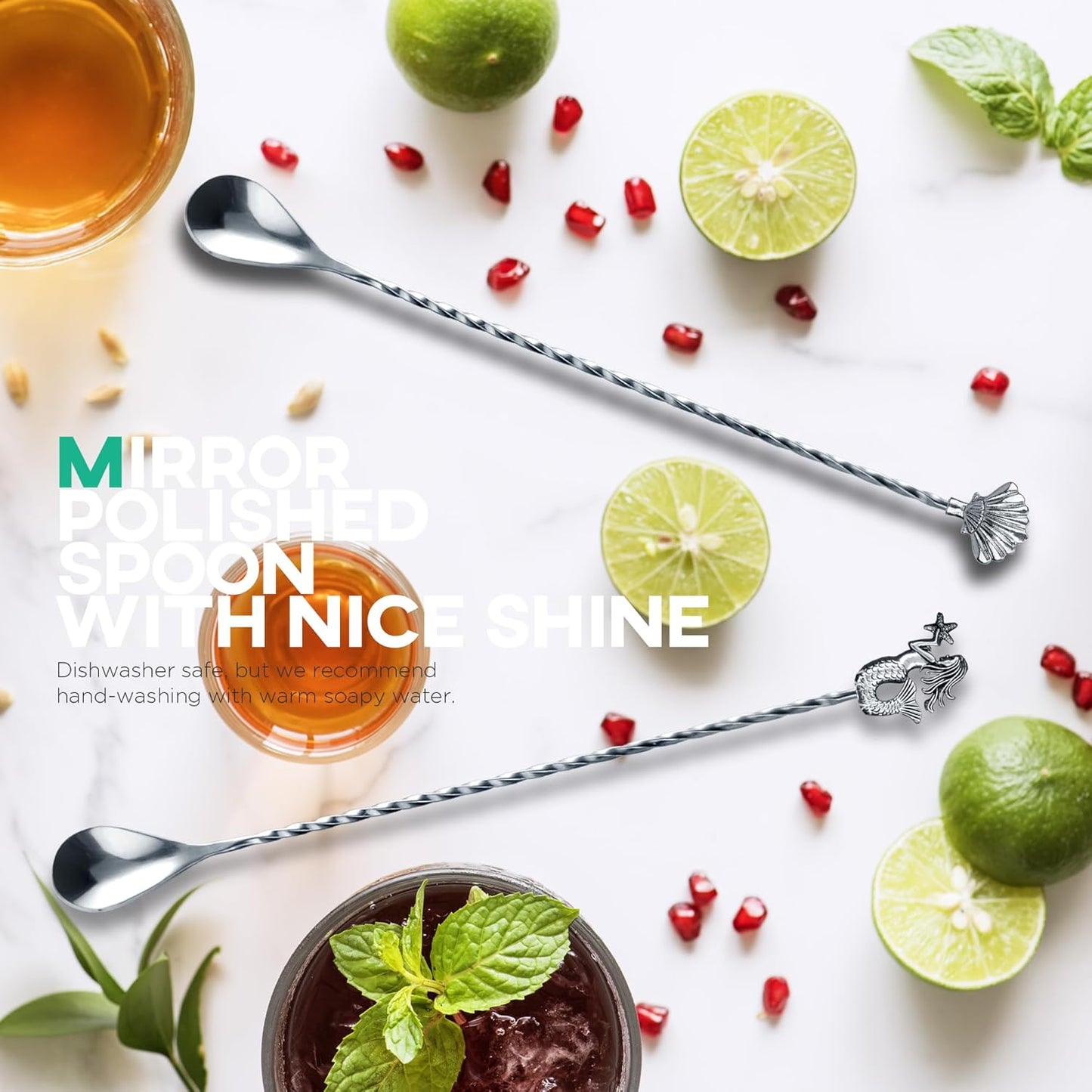 Homestia 12'' Cocktail Mixing Spoon Set, Food-Grade Stainless Steel Stirrer Spiral Pattern Bar Cocktail Shaker Spoon for Ice Cream Smoothies Juice Coffee Tea Drink (Mermaid, Shell Handle) - Set of 2