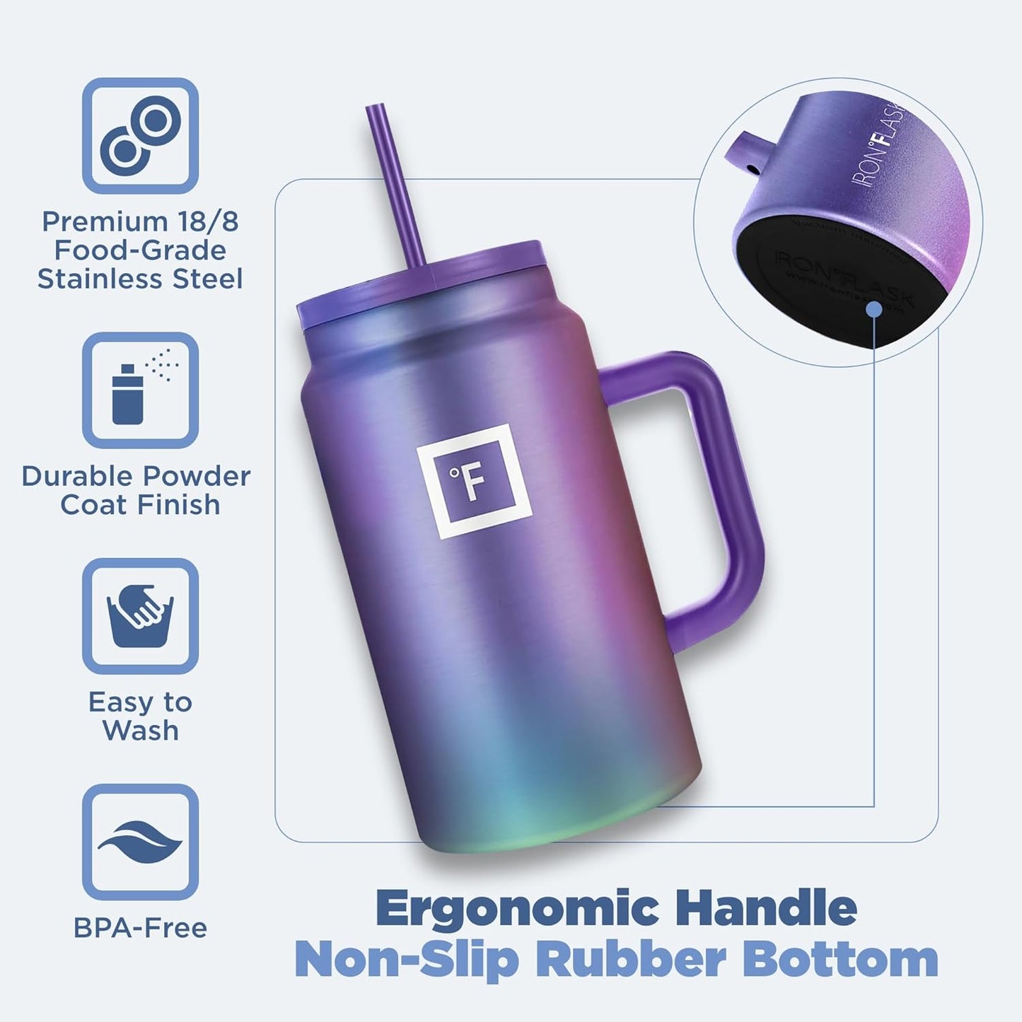IRON °FLASK Co-Pilot Insulated Mug w/Straw & Flip Cap Lids - Cup Holder Bottle for Hot, Cold Drink - Leak-Proof - Water, Coffee Portable Travel Mug - Aurora, 50 Oz