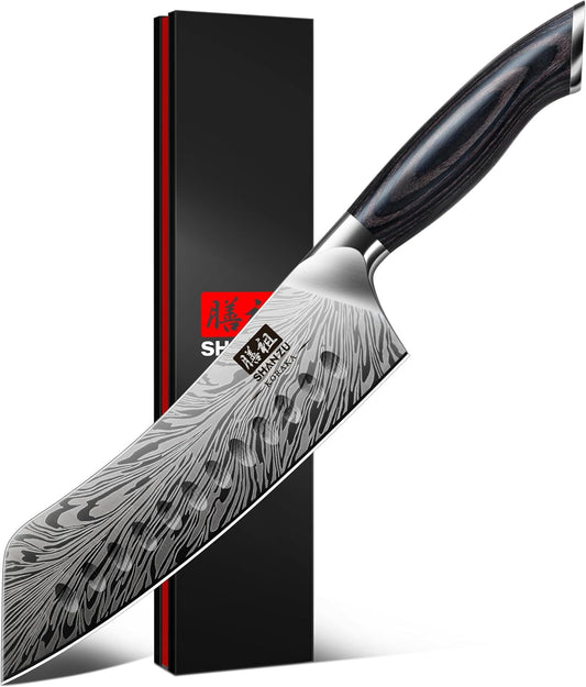 SHAN ZU 7 inch Chef Knife in Powder Steel, Ultra Sharp Japanese Santoku Knife, High Carbon Professional Kitchen Knives with Ergonomic Pakkawood Handle, Utility Knives for Meat and Vegetable