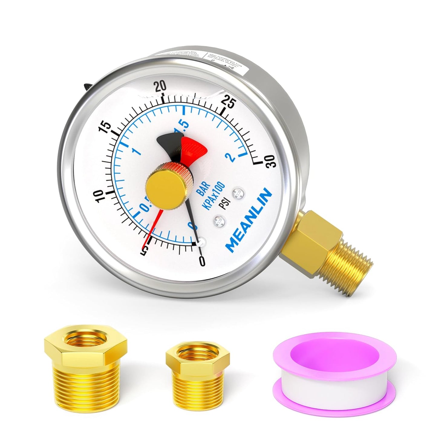 MEANLIN MEASURE 0~30Psi Stainless Steel 1/4" NPT 2.5" FACE DIAL with Reset Pointer Liquid Filled Pressure Gauge WOG Water Oil Air, Lower Mount, with Brass Hex Bushing