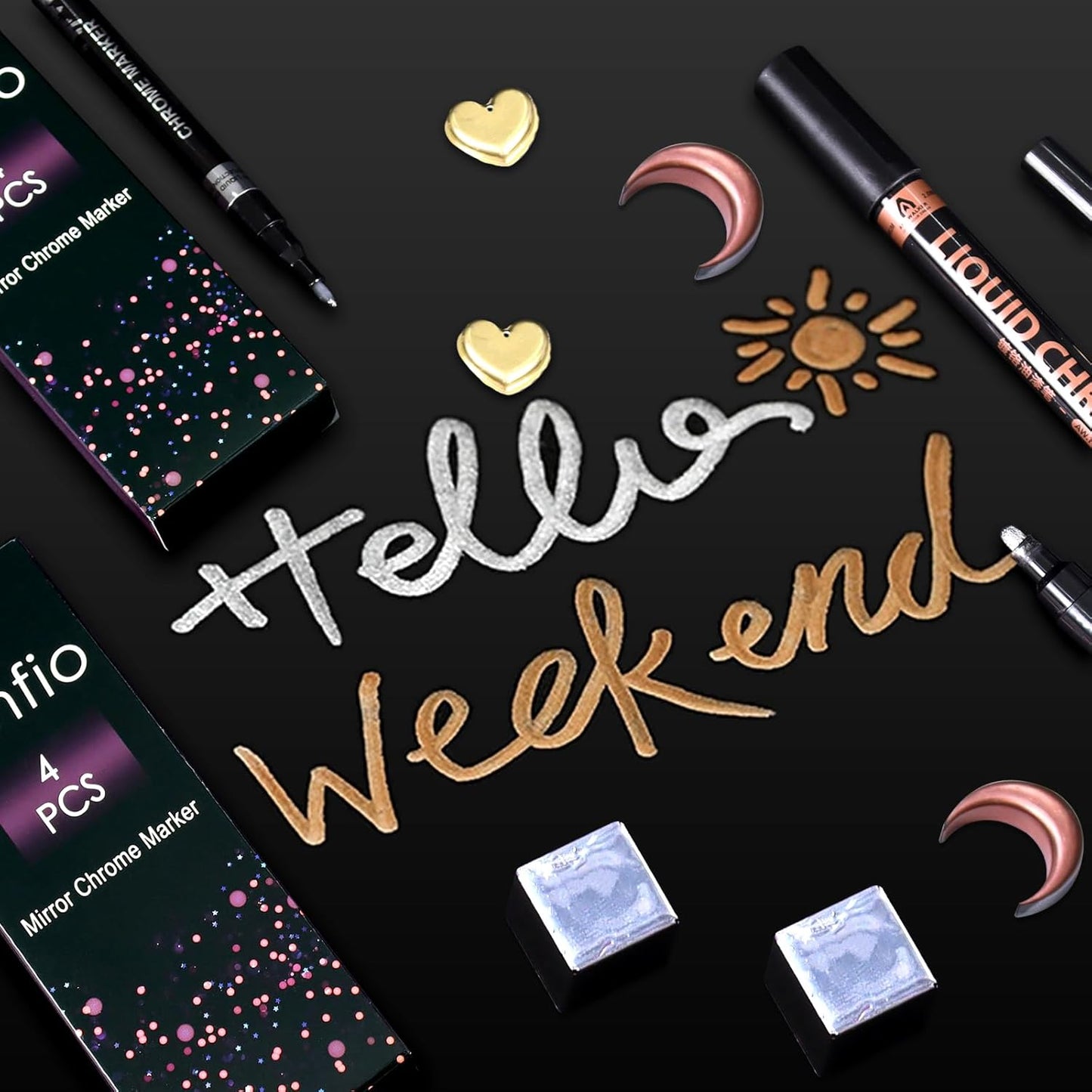 Renfio Chrome Paint Markers, 4 Colors Liquid Chrome Metallic Markers Mirror Repair Liquid Metallic Pen for Repairing Model Painting Resin DIY Craft Coloring (1-3mm) - Silver&Gold&Rose Gold&Copper