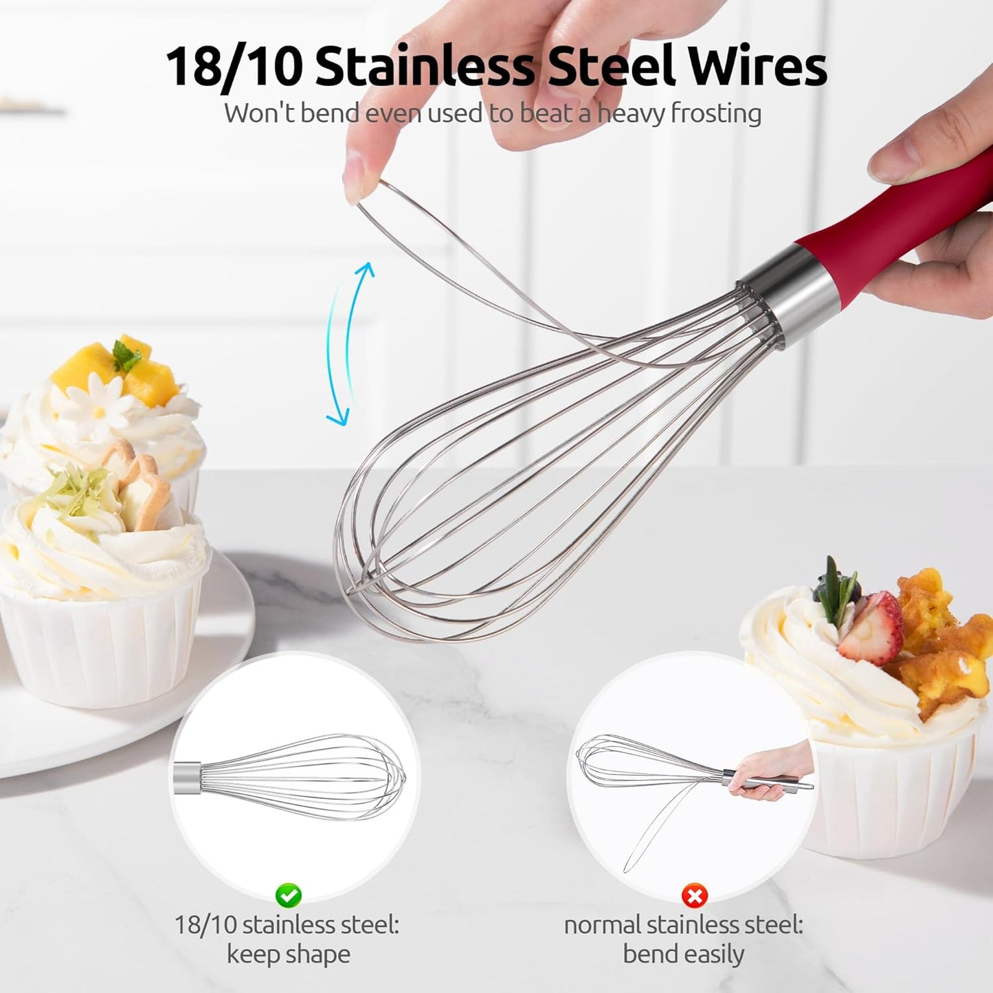 U-Taste Balloon Whisk for Cooking: 18/10 Stainless Steel Kitchen Wire Whisk, Medium Heavy Duty Egg Beater, Manual Baking Mixing Tool with 8 High Flex Wires for Stirring, Blending Sauce (Red)