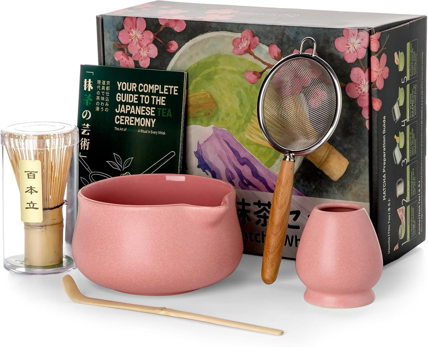 Nucookery Matcha Set - 5PCS Matcha Whisk Set, 18OZ Matcha Bowl (Chawan) with Spout, Matcha Whisk (Chasen) and Holder, Bamboo Matcha Scoop and Sifter, Matcha Kit/Tools/Accessories for Tea Ceremony