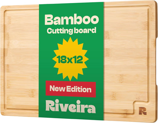 Riveira Bamboo Grandeur: 18 x 12 Bamboo Cutting Board Natural Wooden Cutting Board With Innovative Juice Grooves