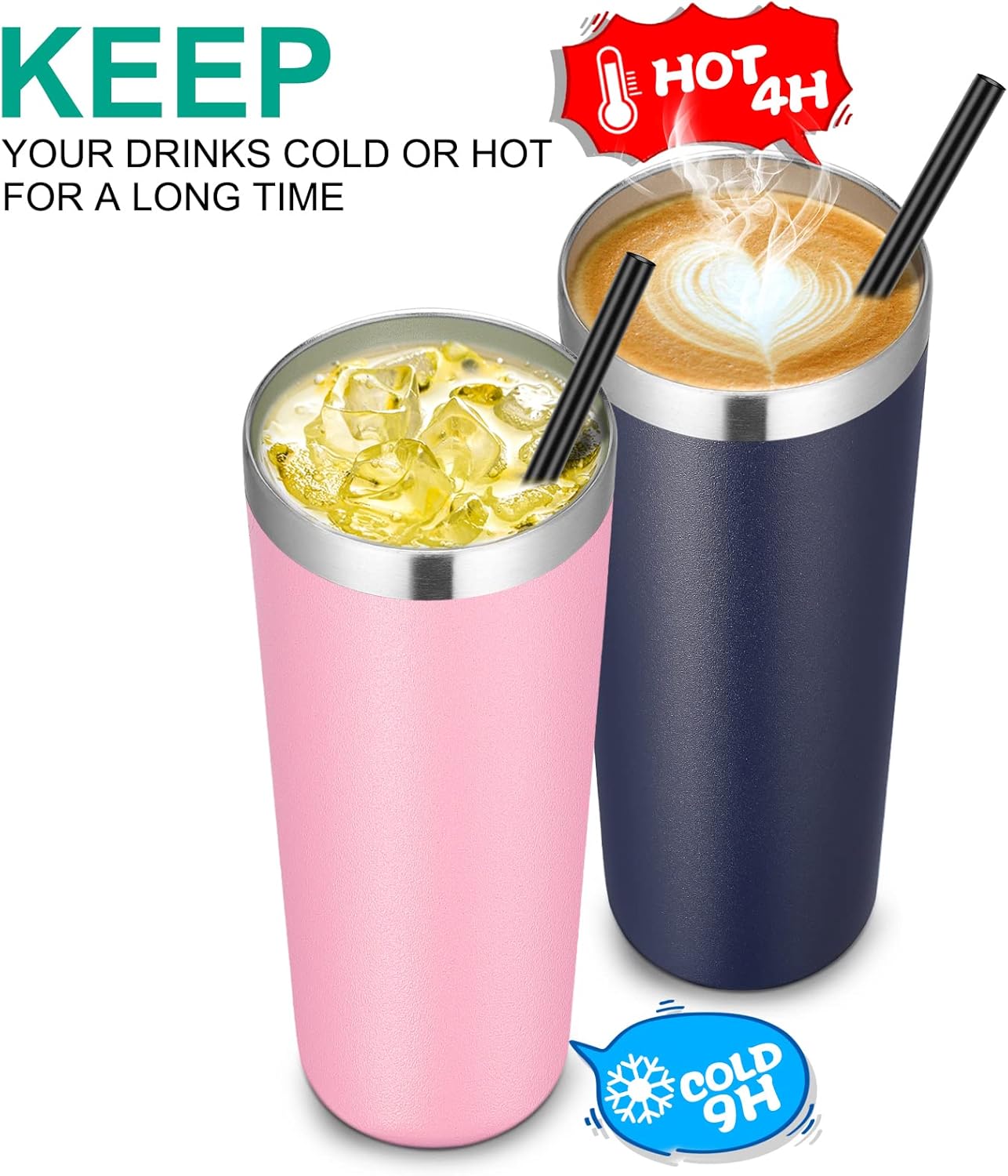 VEGOND Stainless Steel Skinny Tumbler, 20 oz Vacuum Insulated Tumbler with Lid and Straw, Double Wall Coffee Cup, Travel Mug for Cold Hot Drinks, Navy Blue 1 Pack