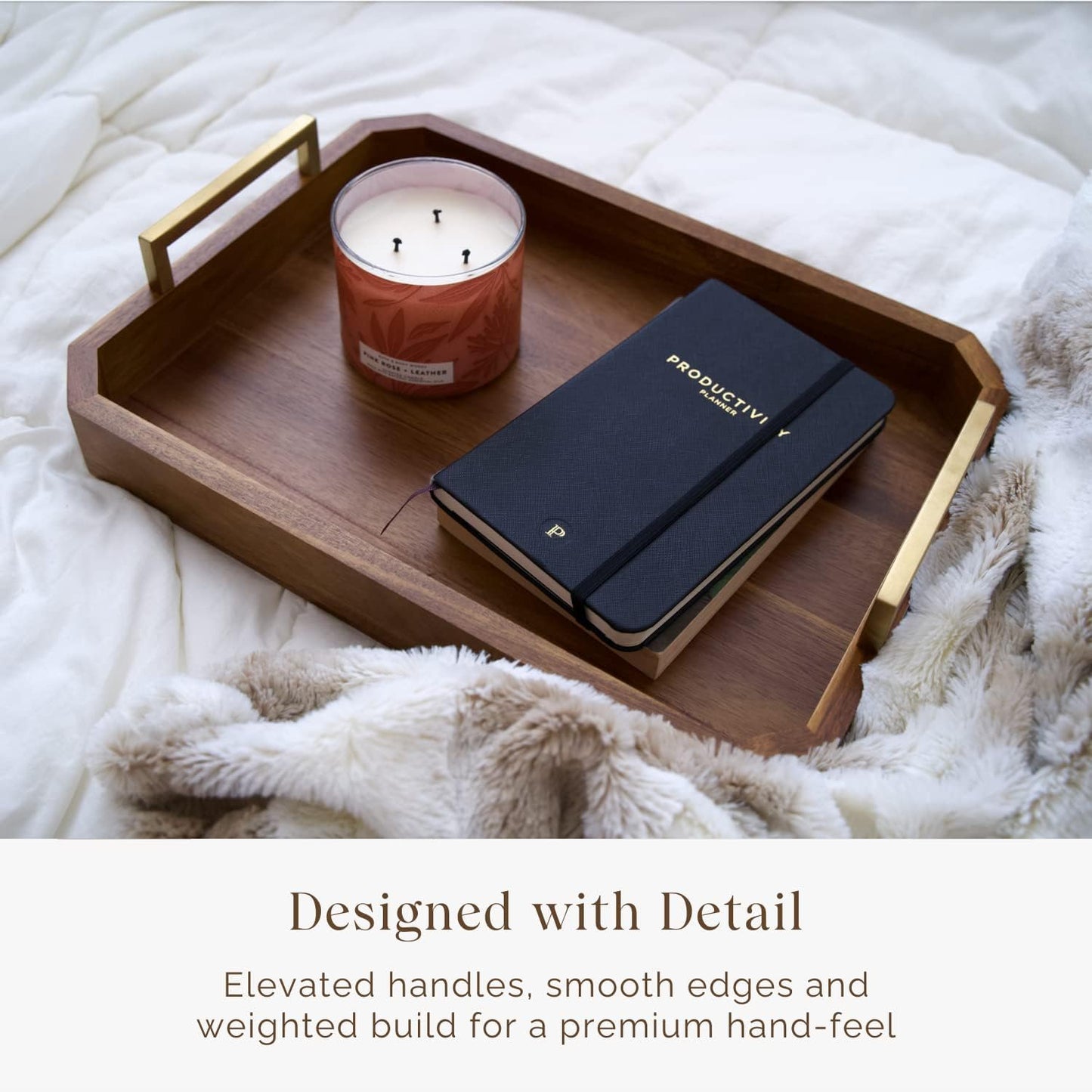 Decorative Acacia Wood Ottoman Tray - Coffee Table Tray - Breakfast, Party, Drinks, Snack, Liquor Serving Platter - Farmhouse to Modern - Brass Handles (Varnish)