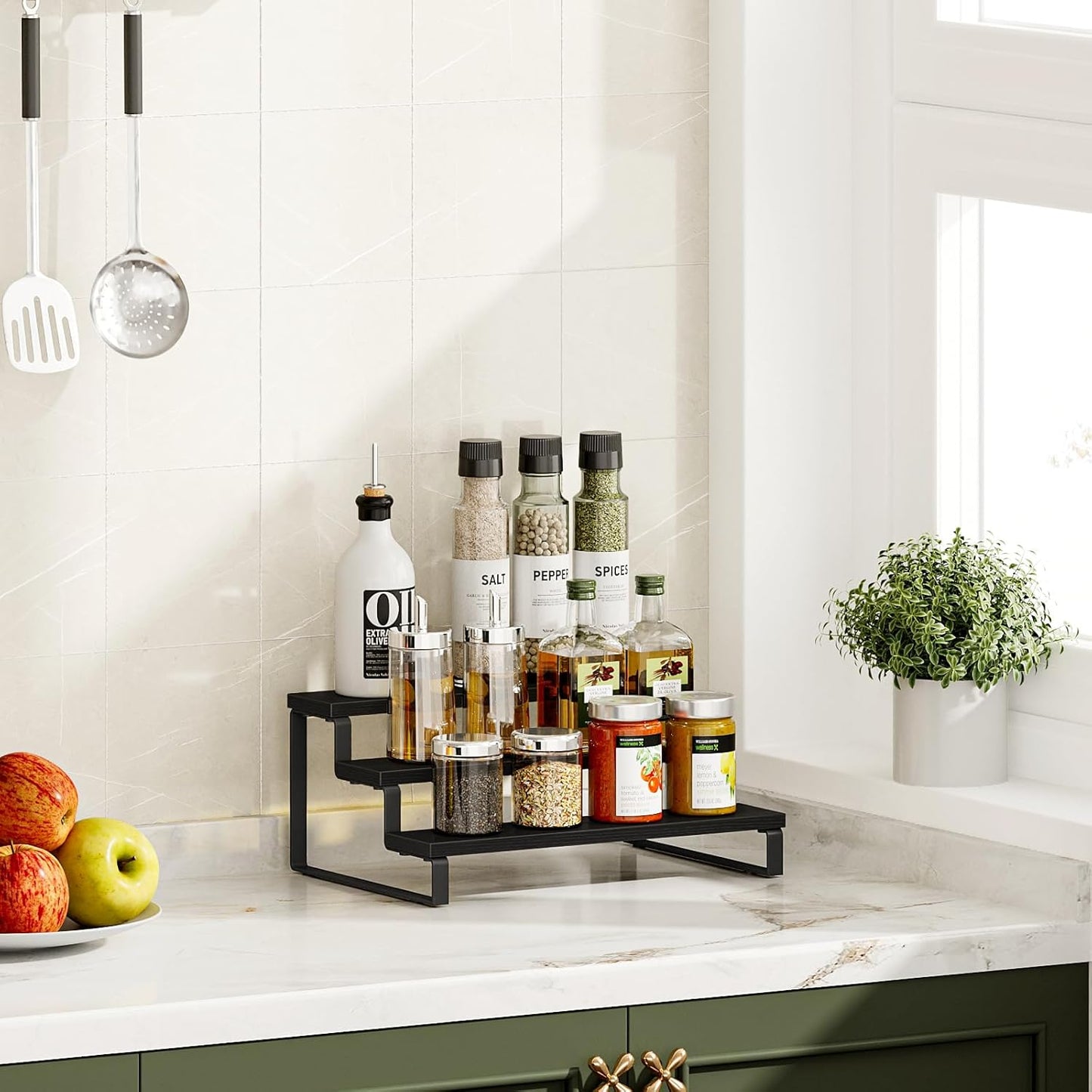 Giikin 3 Tier Spice Rack, Cabinet Organizer Shelf, Wooden Spice Rack for Countertop, Kitchen Counter Storage Shelves Cupcake Stand Holder Display Stand, Black