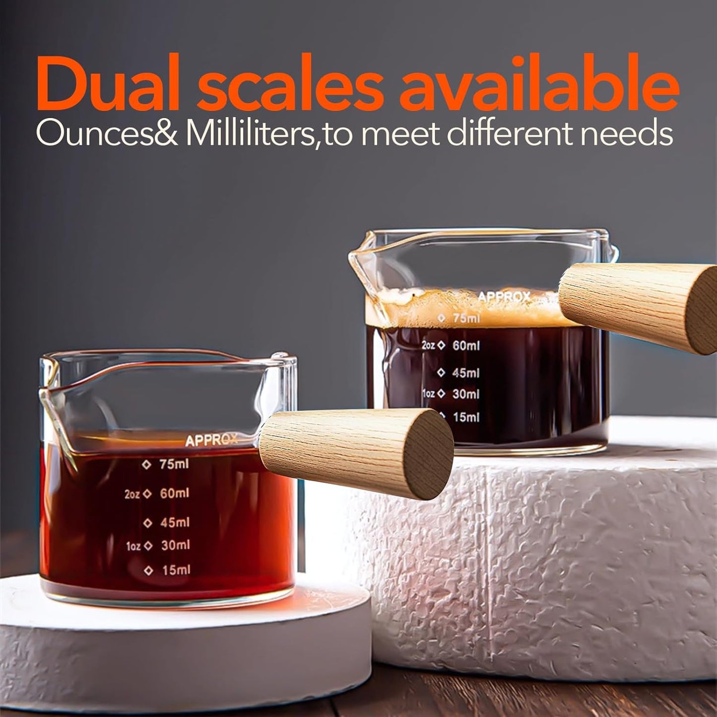 YARRAMATE 3oz Espresso Shots Cup with Wood Handle (2 Pack), Clear Glass Espresso Machine Accessories, Espresso Measuring Cup with Dual Scale, Espresso Shot Glass with Single Spout