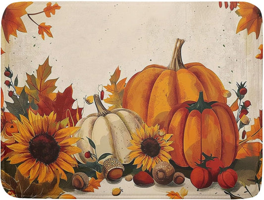 Happy Thanksgiving Day Harvest Dish Drying Mat for Kitchen Counter,Sunflower Maple Leaves Pumpkin Drying Mat 18 x 24 Inch with Absorbent Reversible Microfiber Dish Drying Pad for Coffee Bar
