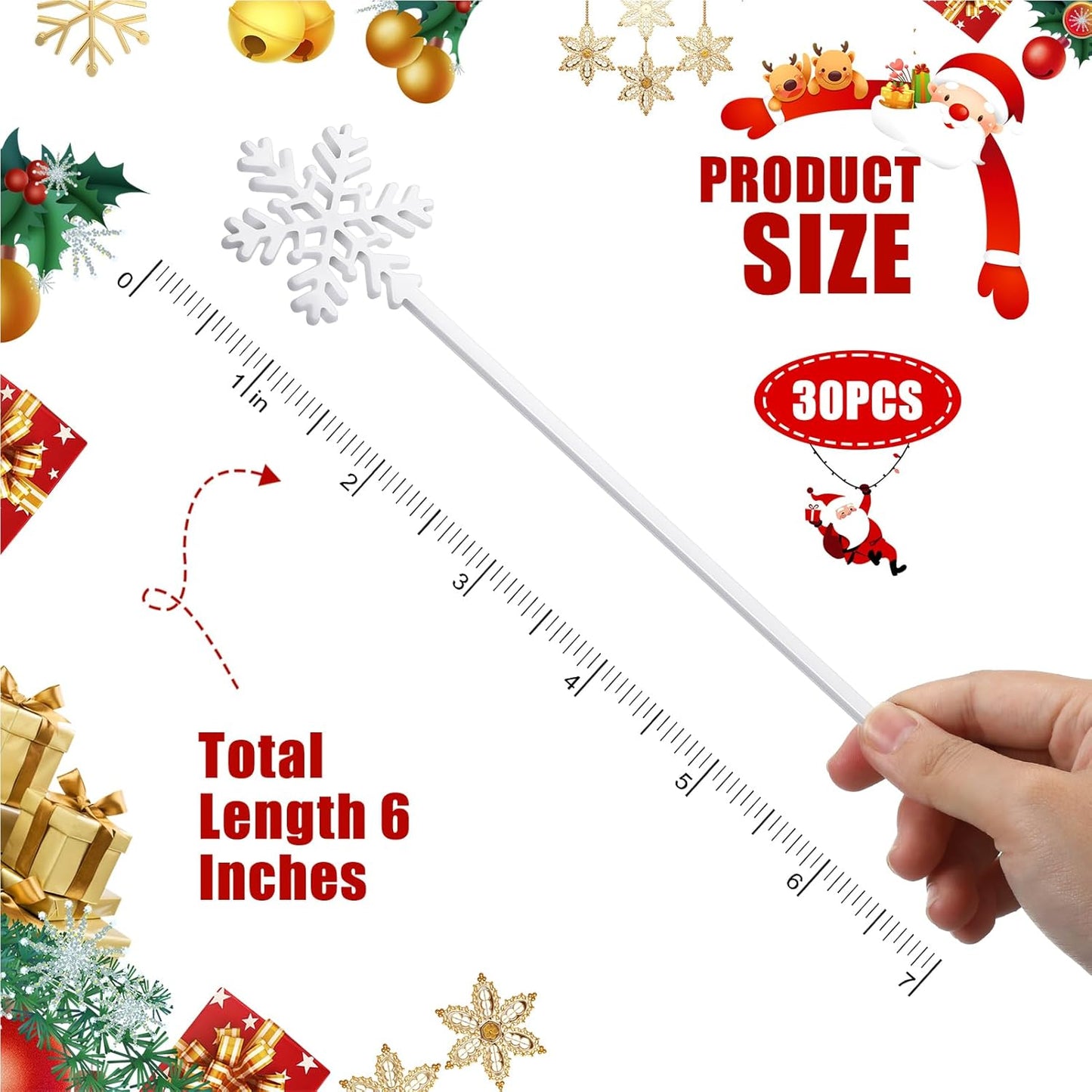 30 Pcs Christmas Drink Stirrers Xmas Stir Stick Holiday Coffee Swizzle Stick Reusable Plastic Hot Cocoa Bar Chocolate Decoration Cocktail Mixer (Snowflake,White)