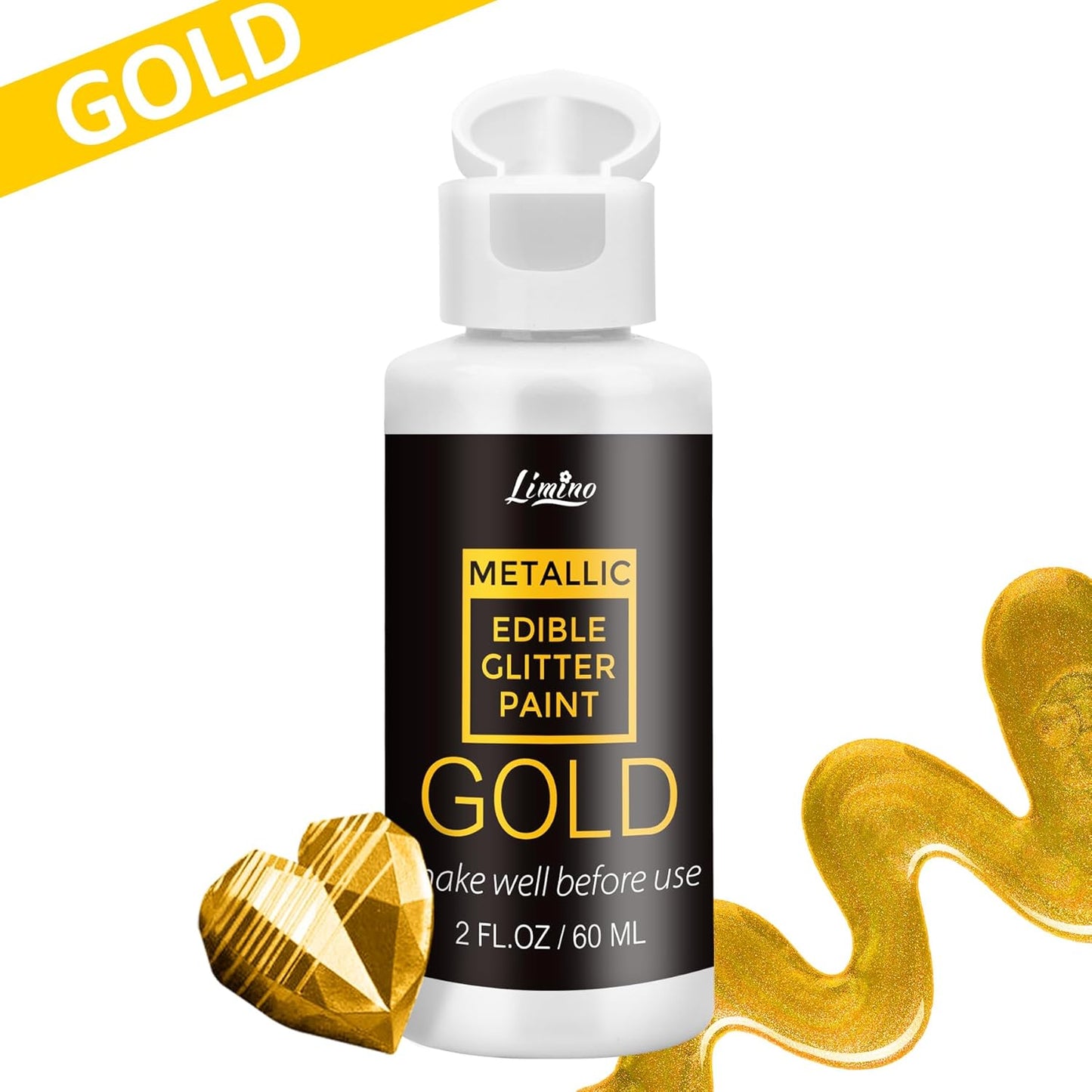 Edible Glitter Paint - 2 fl.oz Food Grade Metallic Glitter Cake Paint for Cake Decorating, Baking, Cupcakes - Shimmer Art Decorative Liquid Edible Paint Food Coloring for Fondant, Donuts (Gold)
