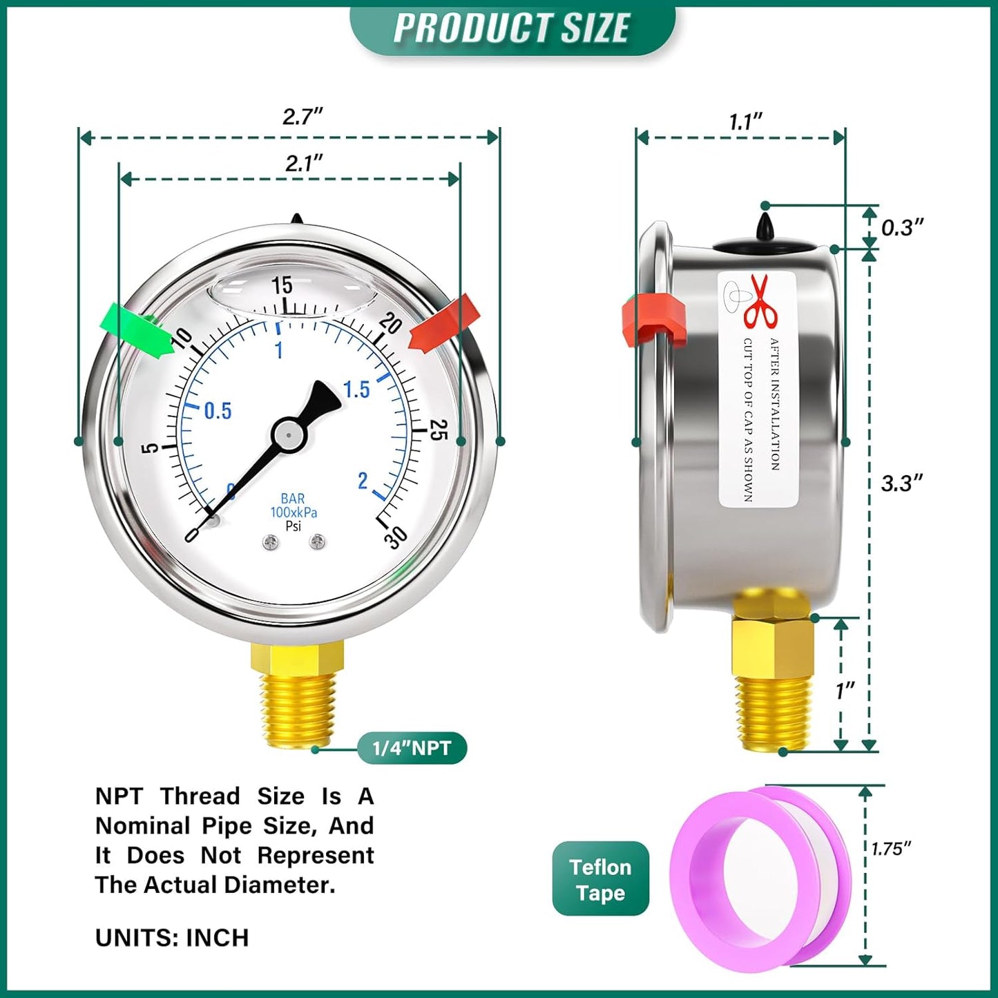 0-30psi Stainless Steel 1/4" NPT 2.5" Dial, Glycerin Liquid Filled Pressure Gauge Lower Mount Designed for Pressure Testing of Water, Oil and Air (with Range Mark Pointer)