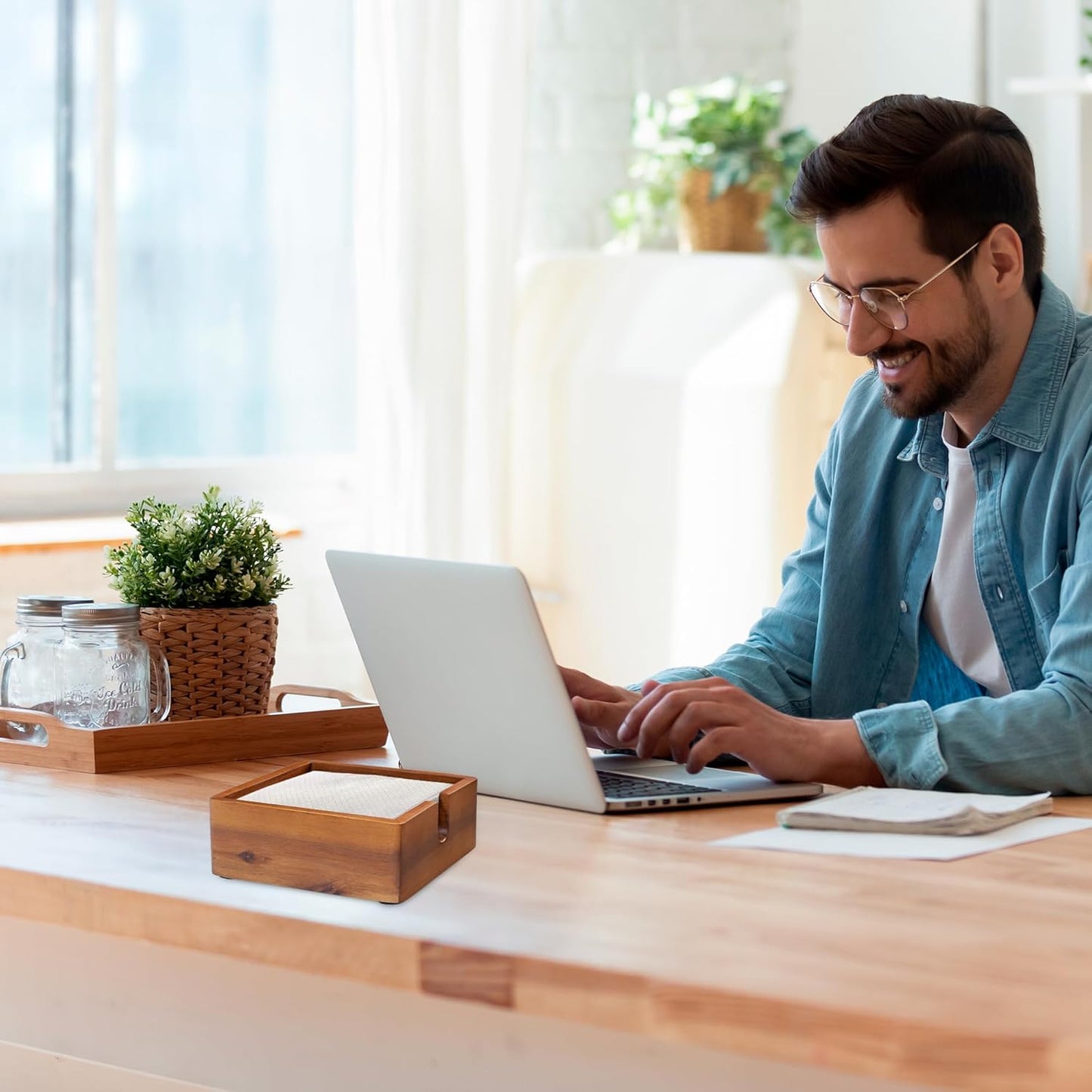 Acacia Cocktail Paper Napkin Holder Square 5.4x5.4 inches, Wood Flat Napkin Tray, Cocktail Napkin Caddy For Kitchen Décor, Restaurant Countertop Bar Accessories