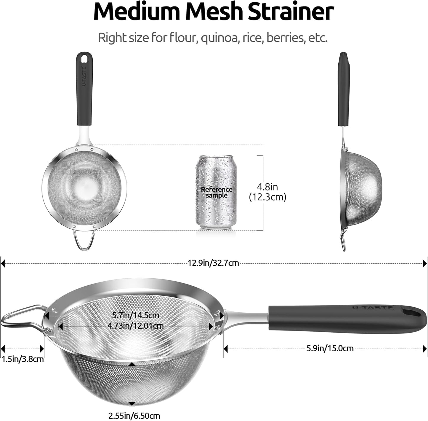 U-Taste Medium Fine Mesh Strainer: 18/8 Stainless Steel 4.73in 30 Mesh Kitchen Food Sieve with Sturdy Riveted Silicone Handle, Heavy Duty Deep Handheld Metal Colander for Rice, Quinoa, Flour (Black)