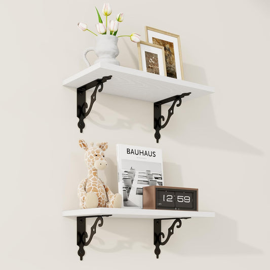 RICHFOCUS Floating Shelves for Wall Decor, 8 Inch Deep Wall Shelves Set of 2, 16W x 8D White Floating Shelves Wall Mounted with Metal Brackets, Rustic Wood Shelves for Living Room Bedroom Kitchen