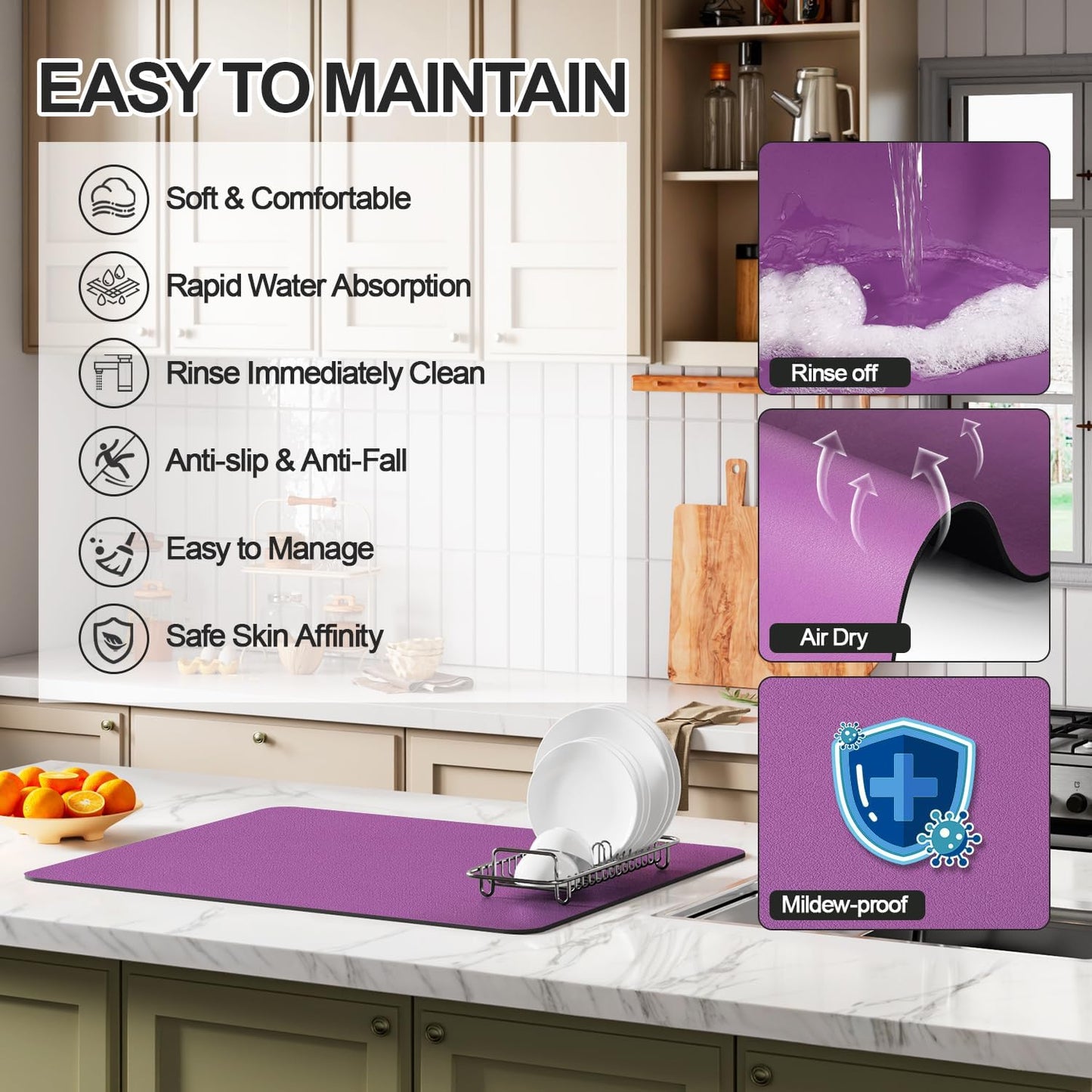 Dish Drying Mat for Kitchen Counter | Coffee Bar Mat for Countertops | Heat Resistant Drainer Mat with Non-slip Rubber Backed | Hide Stain Kitchen Absorbent Draining Mat | Purple 16"x18"