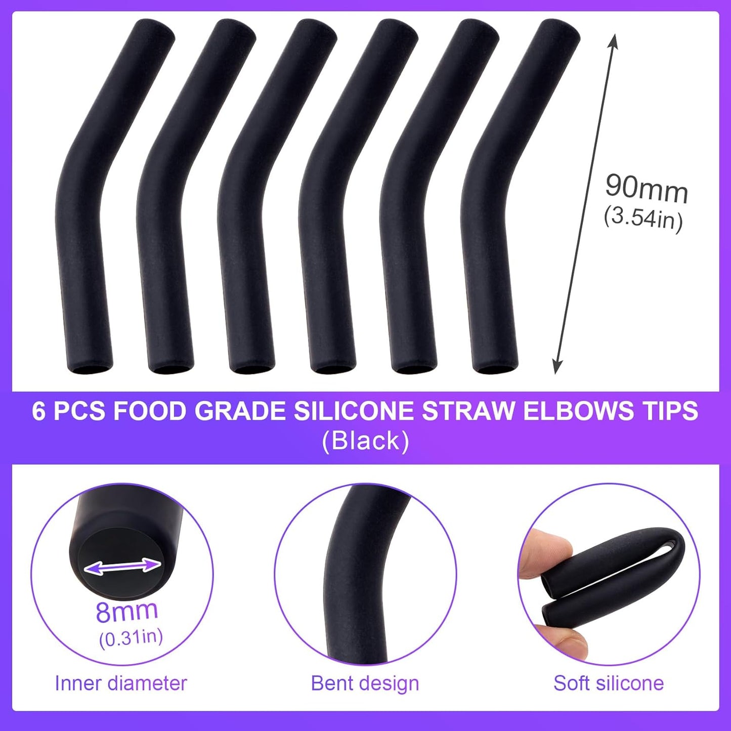 6Pcs Metal Straw Silicone Tips 5/16 IN Wide(8mm Outer Diameter) Food Grade Rubber Flex Elbow Straw Covers Replacement Tip for Stainless Steel Metal Straws,Black
