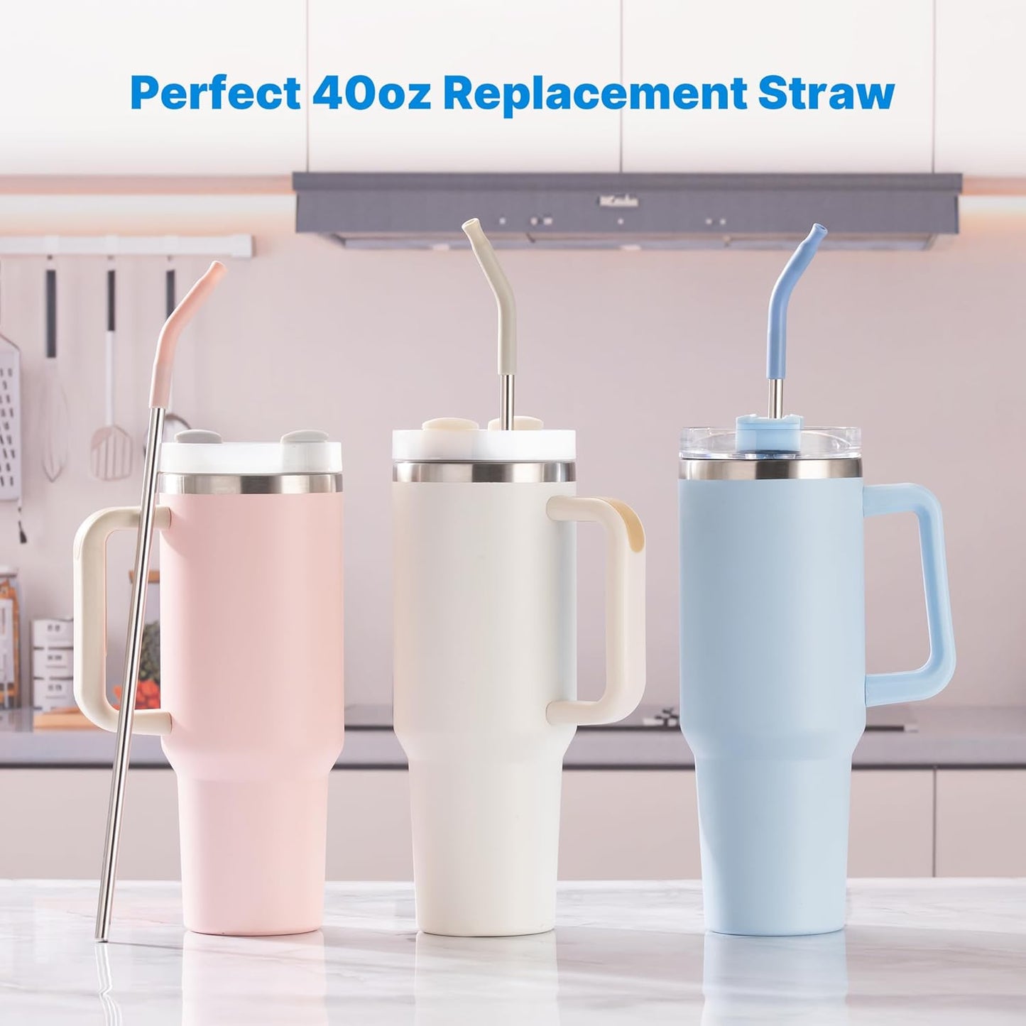 2 Pcs Stainless Steel Straws for 40 oz Stanley Tumbler, Replacement 40 oz Stanley Cup Straw Accessories with Silicone Tips and Cleaning Brush (Light Blue)