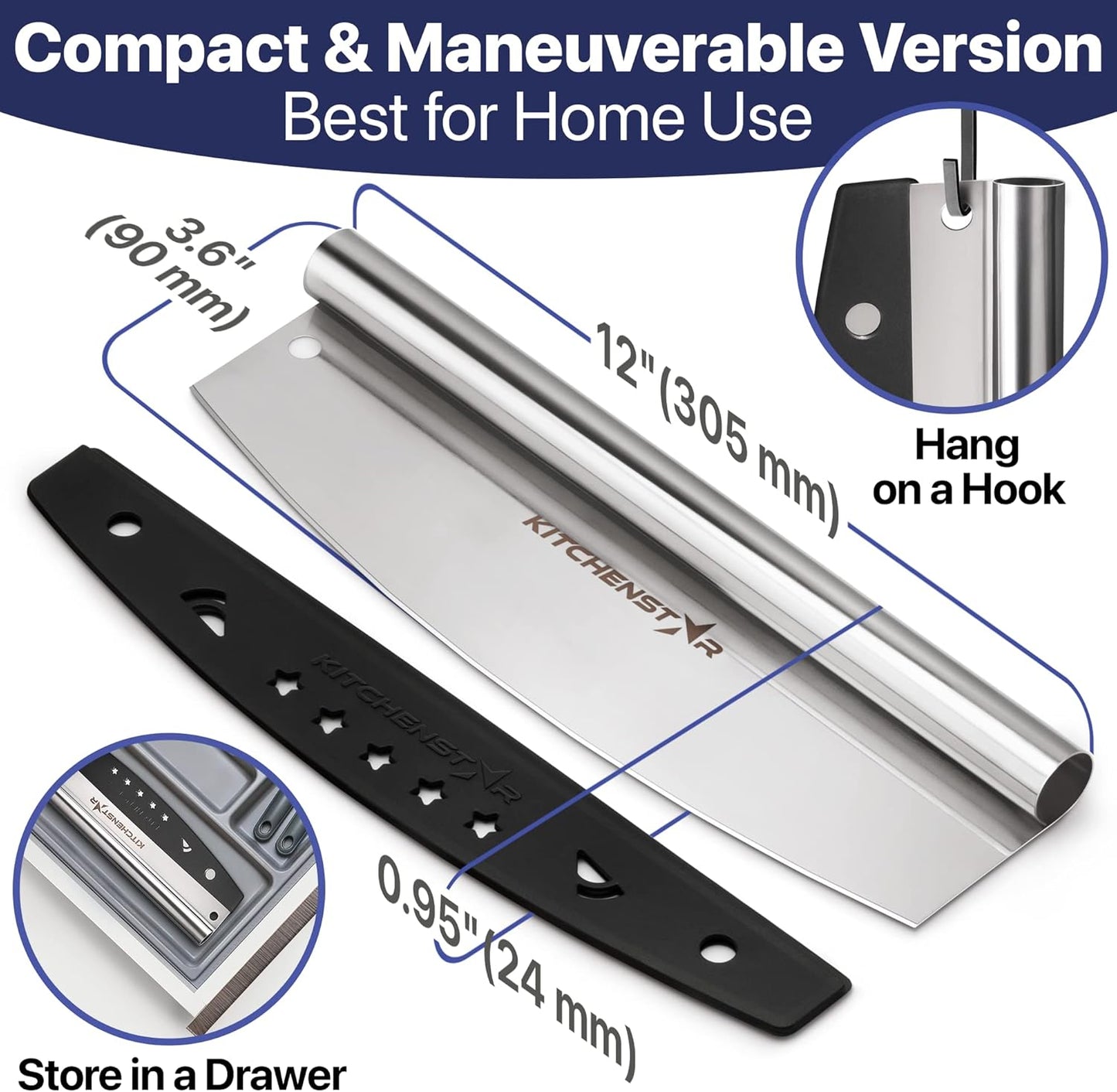 KitchenStar 12-Inch Pizza Cutter Rocker Blade - Sharp Stainless Steel Slicer Knife, Protective Cover, Dishwasher Safe, Small - Professional Pizza Oven Accessories