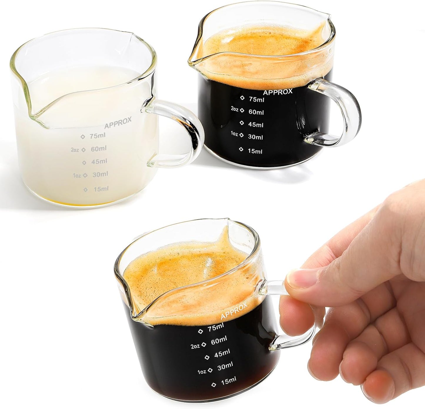 Yarlung 4 Pack Measuring Cups Espresso Shot Glasses, Double Spouts Espresso Cup Glass Graduated 75 ML/ 2.5 OZ for Milk Pitcher, Coffee Maker Accessories