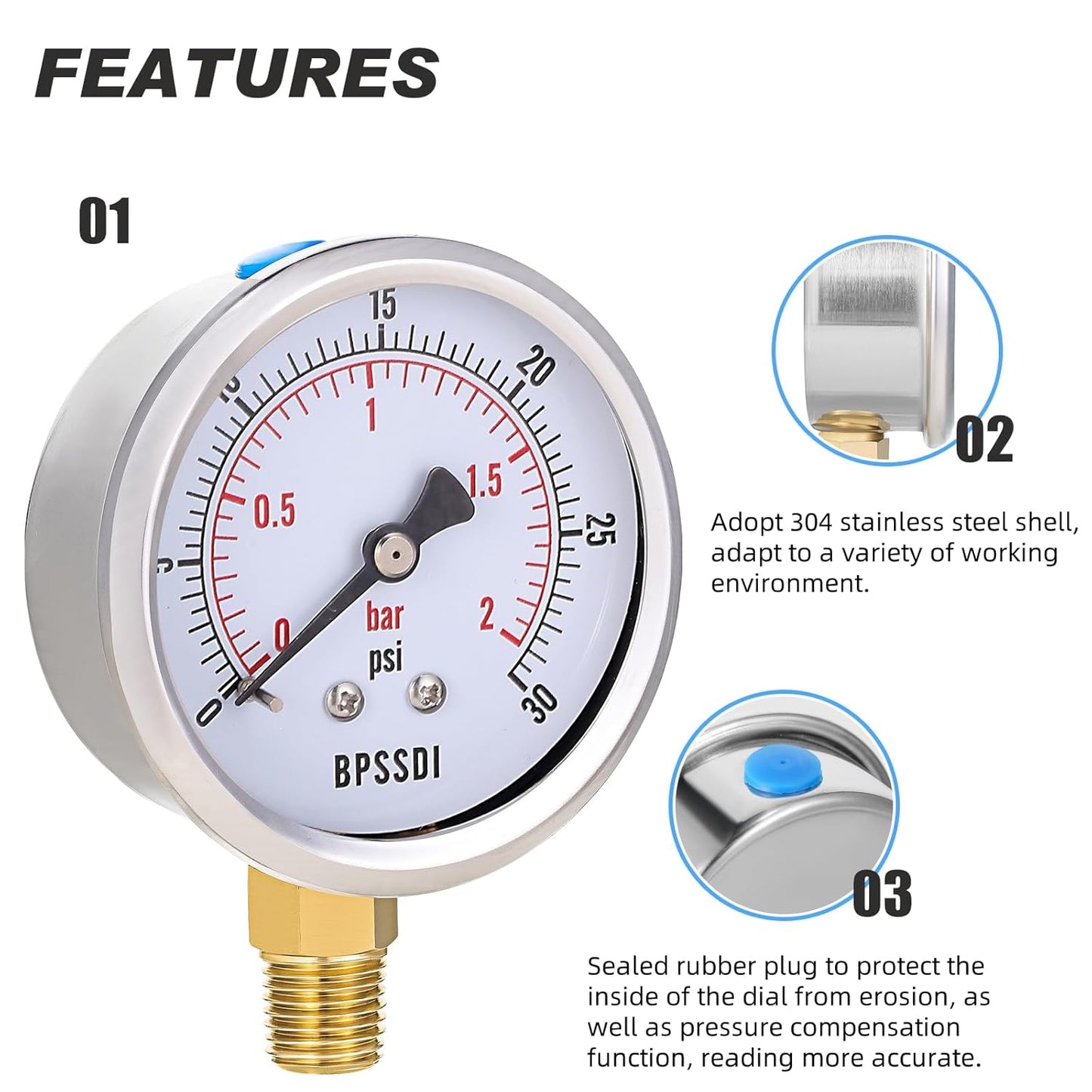 0-30 Psi Low Pressure Gauge, 2.5" Dial Size, 1/4" NPT Lower Mount, 304 Stainless Steel Case, Water Pressure Gauge Test for Water Pipe, HVAC(with Tape)