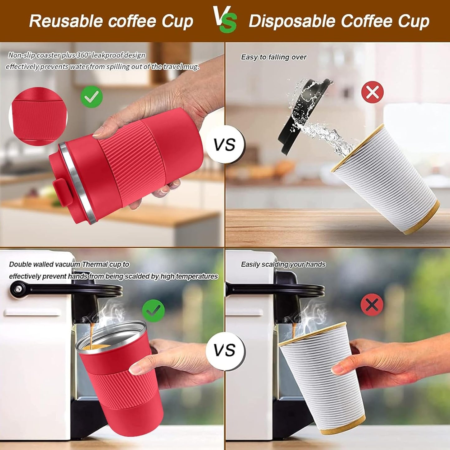 YINBAOGE Insulated Travel Coffee Mug Spill Proof Leak Proof Pobtable To Go Camping Stainless Steel Coffee Tumbler Reusable Coffee Cups with Lids Thermos for Hot and Cold Drink (Red, 17 OZ)