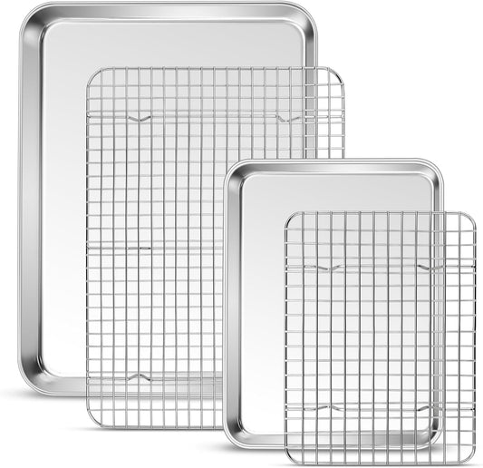 P&P CHEF 16 + 10.4 Inch Baking Sheet and Rack Set, Stainless Steel Cookie Sheets Oven Baking Pans Trays with Cooling Racks for Cooking & Roasting, Oven & Dishwasher Safe, (4Pcs)