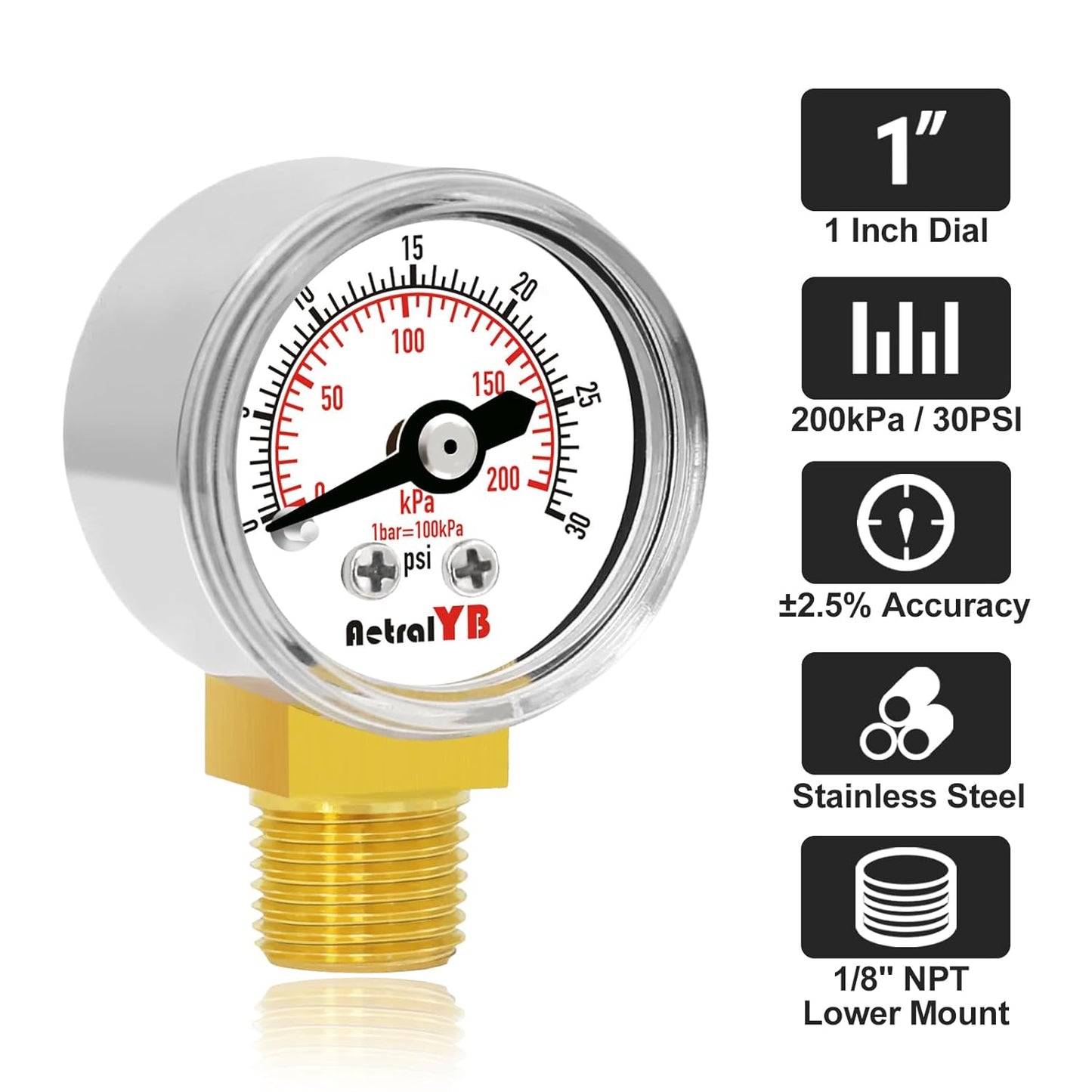 1-Inch Mini Pressure Gauge, 0-30 PSI / 0-200 kPa, Compact Dual-Scale Gauge, 1/8” NPT Bottom Mount, Stainless Steel Case for Coffee Machines, Airbrush Systems, Sprayers, and Pneumatic Tools