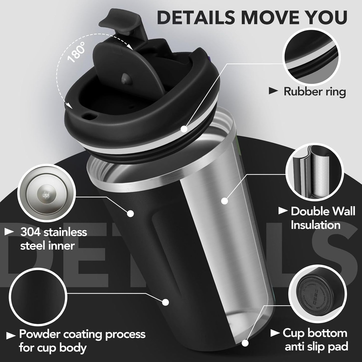 Volhoply 12 oz Double Wall Insulated Vacuum Travel Coffee Mug with Flip Lid Bulk 2 Pack,Reusable Stainless Steel Leak Proof Coffee Cup,Portable Thermal Tumbler for Cold&Hot Drinks(Assort Color,2 Set)