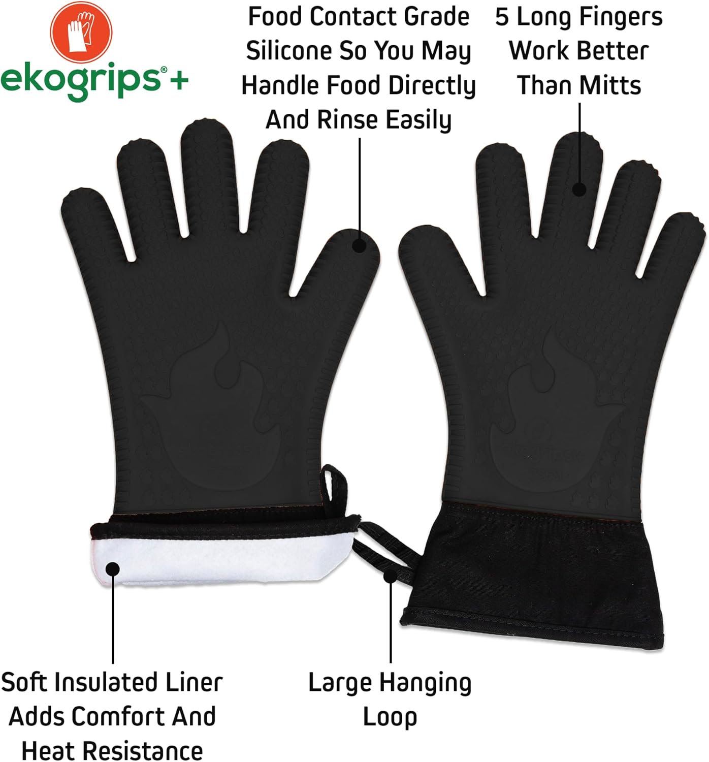 Ekogrips+ Premium Silicone Oven Mitts - Comfy, Waterproof, Heat Resistant BBQ Gloves for Grilling, Long Cuff for Added Protection, 5 Finger Dexterity, 3 Sizes, 4 Colors, L/XL, Black